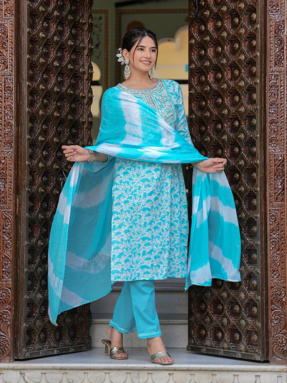 Rangvastra COTTON EMBROIDERY AND SEQUINS WORK KURTA PANT WITH DUPATTA SET