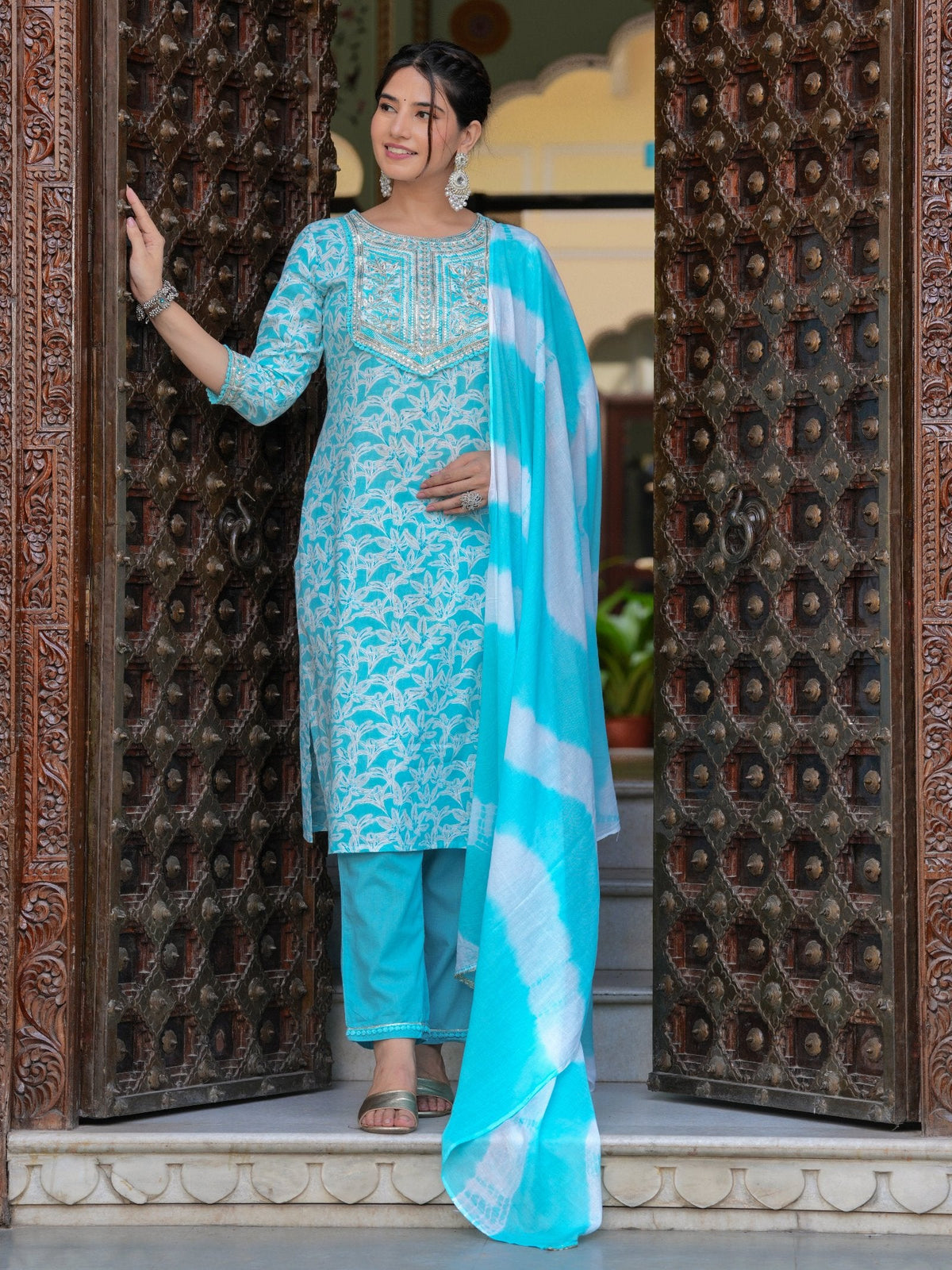 Rangvastra COTTON EMBROIDERY AND SEQUINS WORK KURTA PANT WITH DUPATTA SET