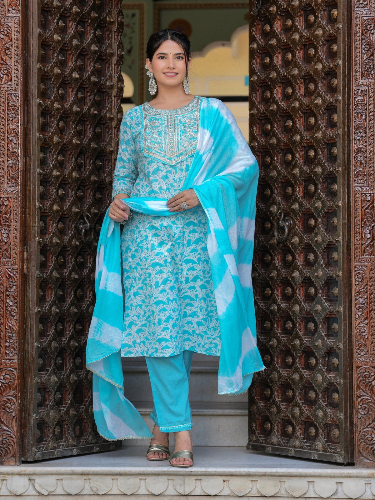 Rangvastra COTTON EMBROIDERY AND SEQUINS WORK KURTA PANT WITH DUPATTA SET