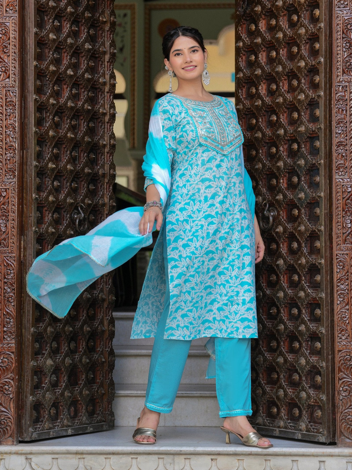 Rangvastra COTTON EMBROIDERY AND SEQUINS WORK KURTA PANT WITH DUPATTA SET