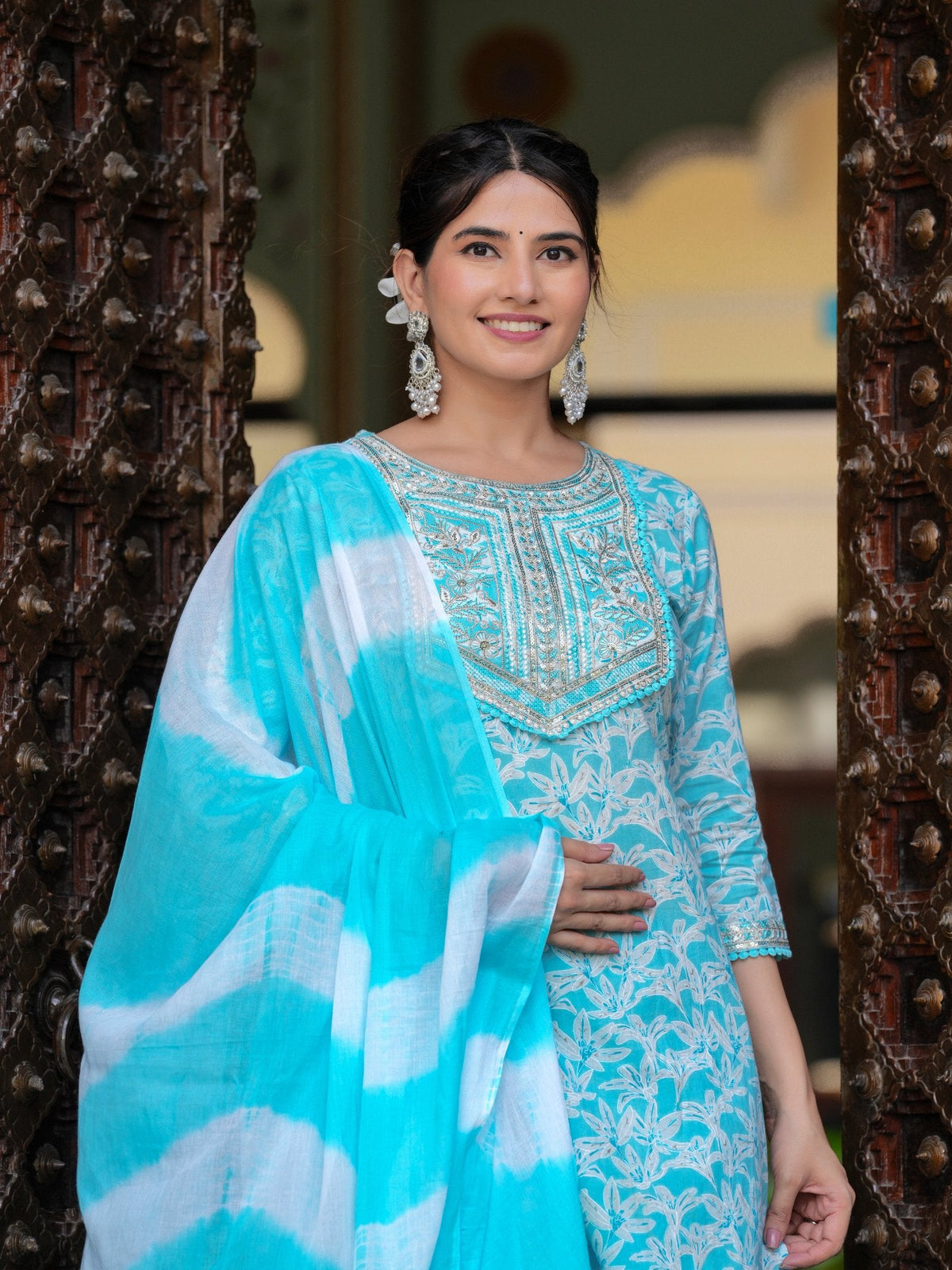 Rangvastra COTTON EMBROIDERY AND SEQUINS WORK KURTA PANT WITH DUPATTA SET