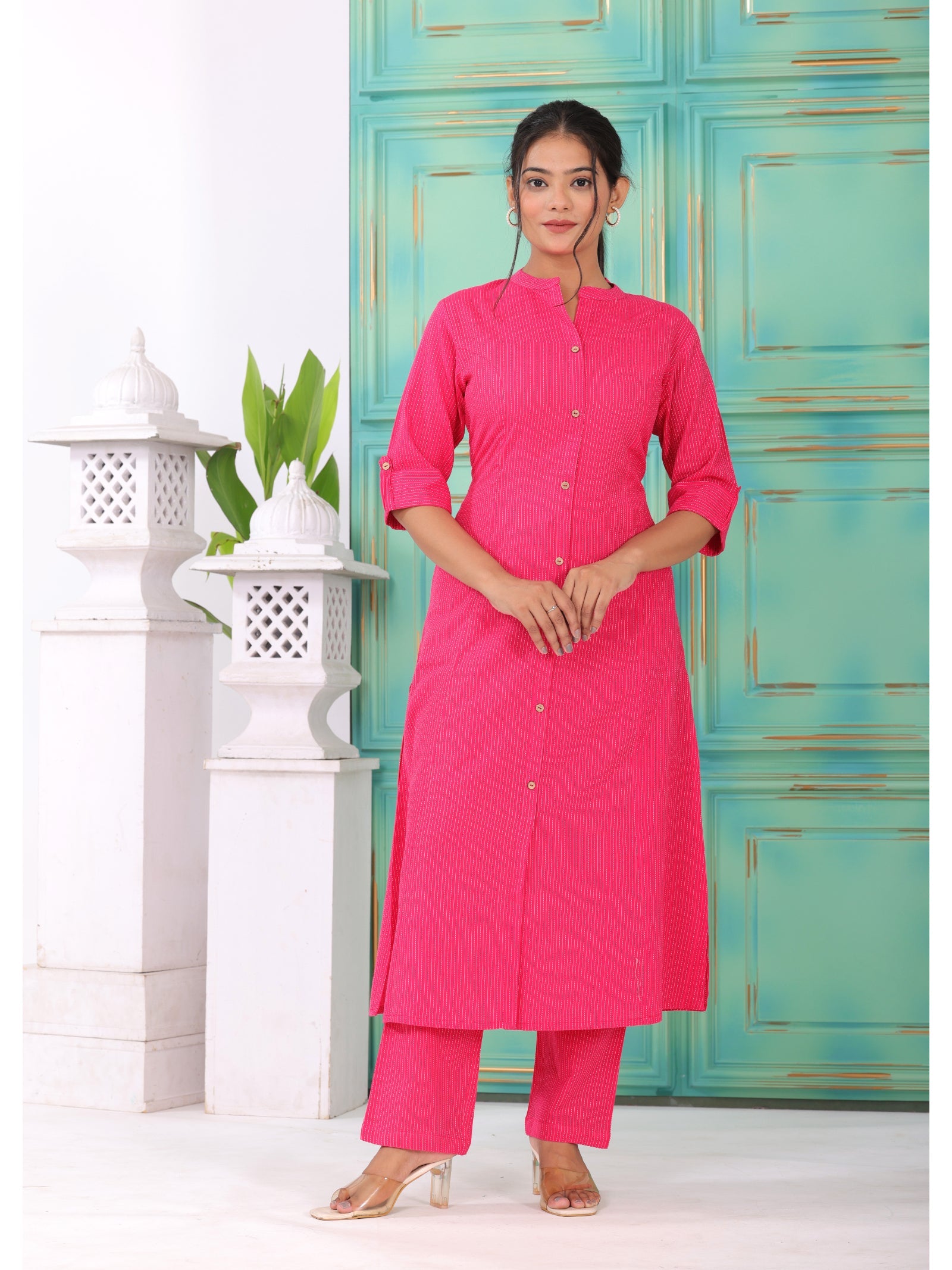 Maluka Women’s Pink, Yellow & Light Blue Cotton Kantha Kurta Set