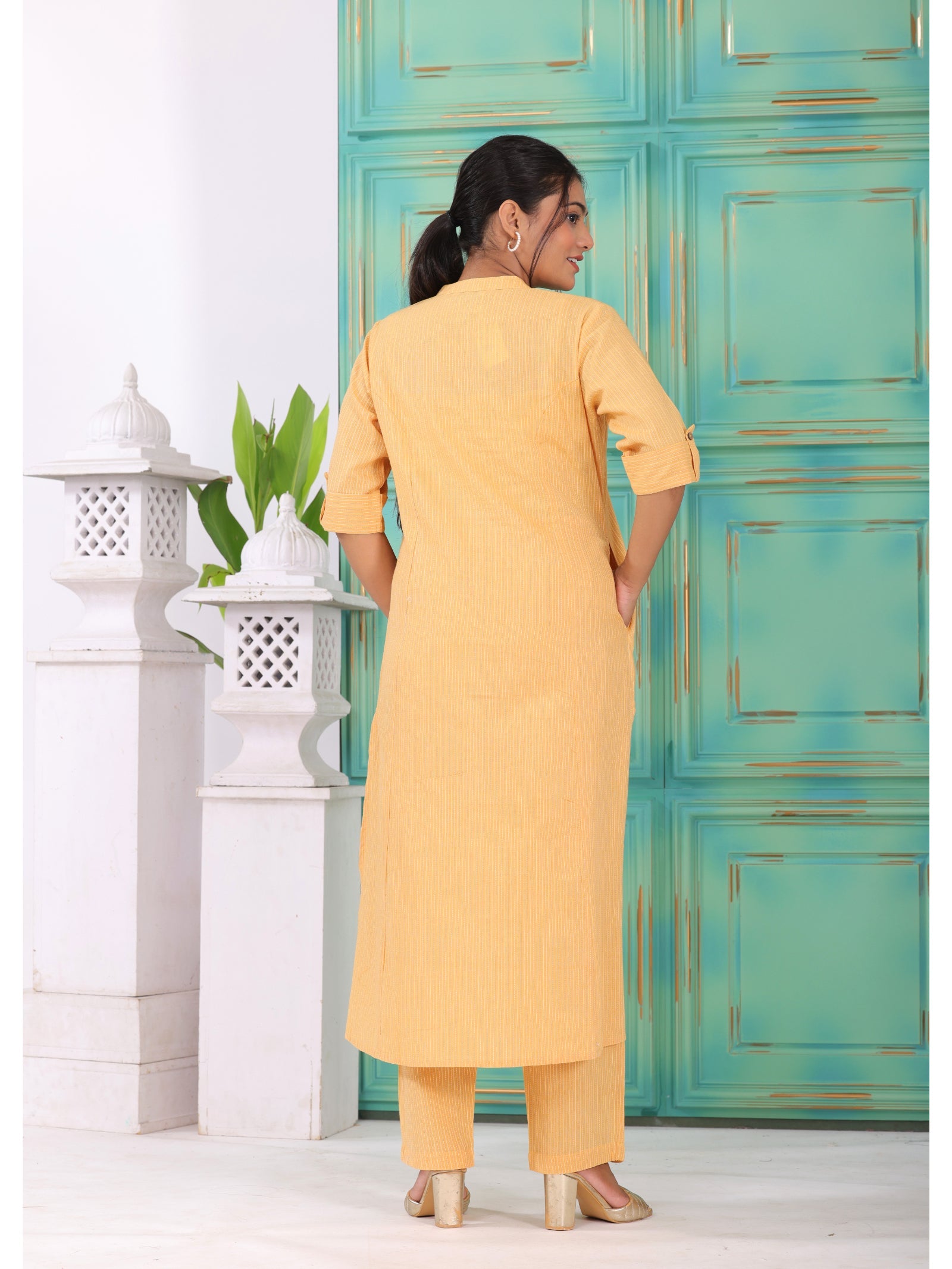 Maluka Women’s Pink, Yellow & Light Blue Cotton Kantha Kurta Set