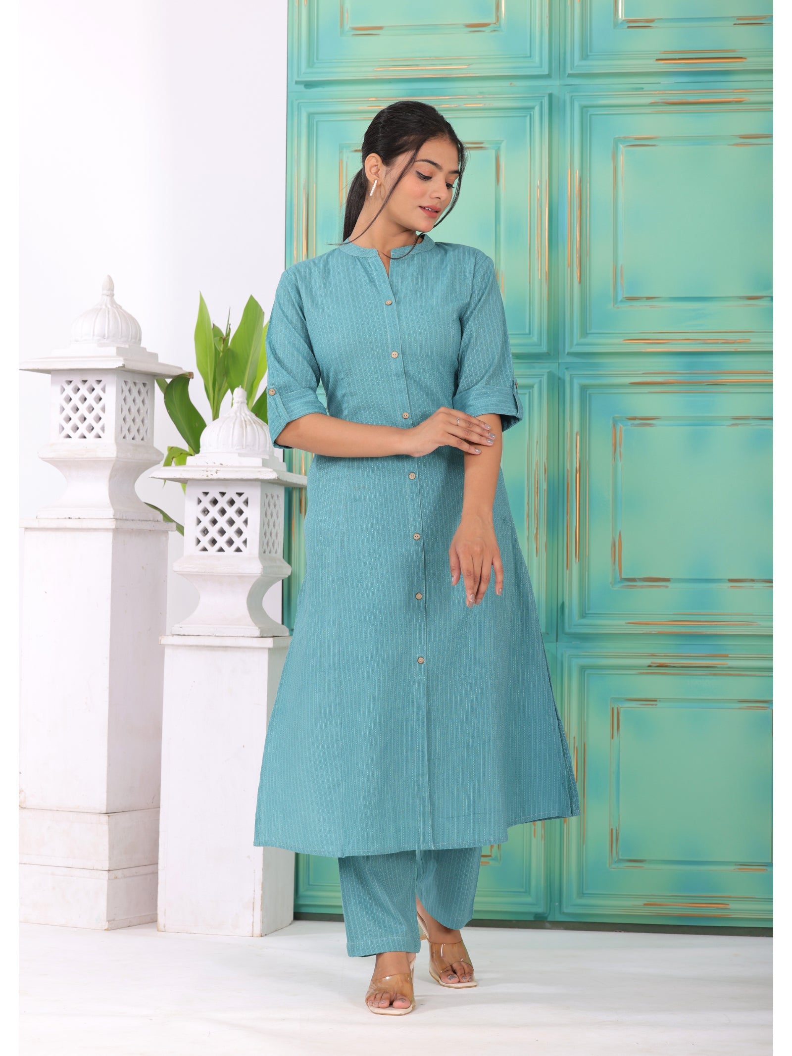 Maluka Women’s Pink, Yellow & Light Blue Cotton Kantha Kurta Set