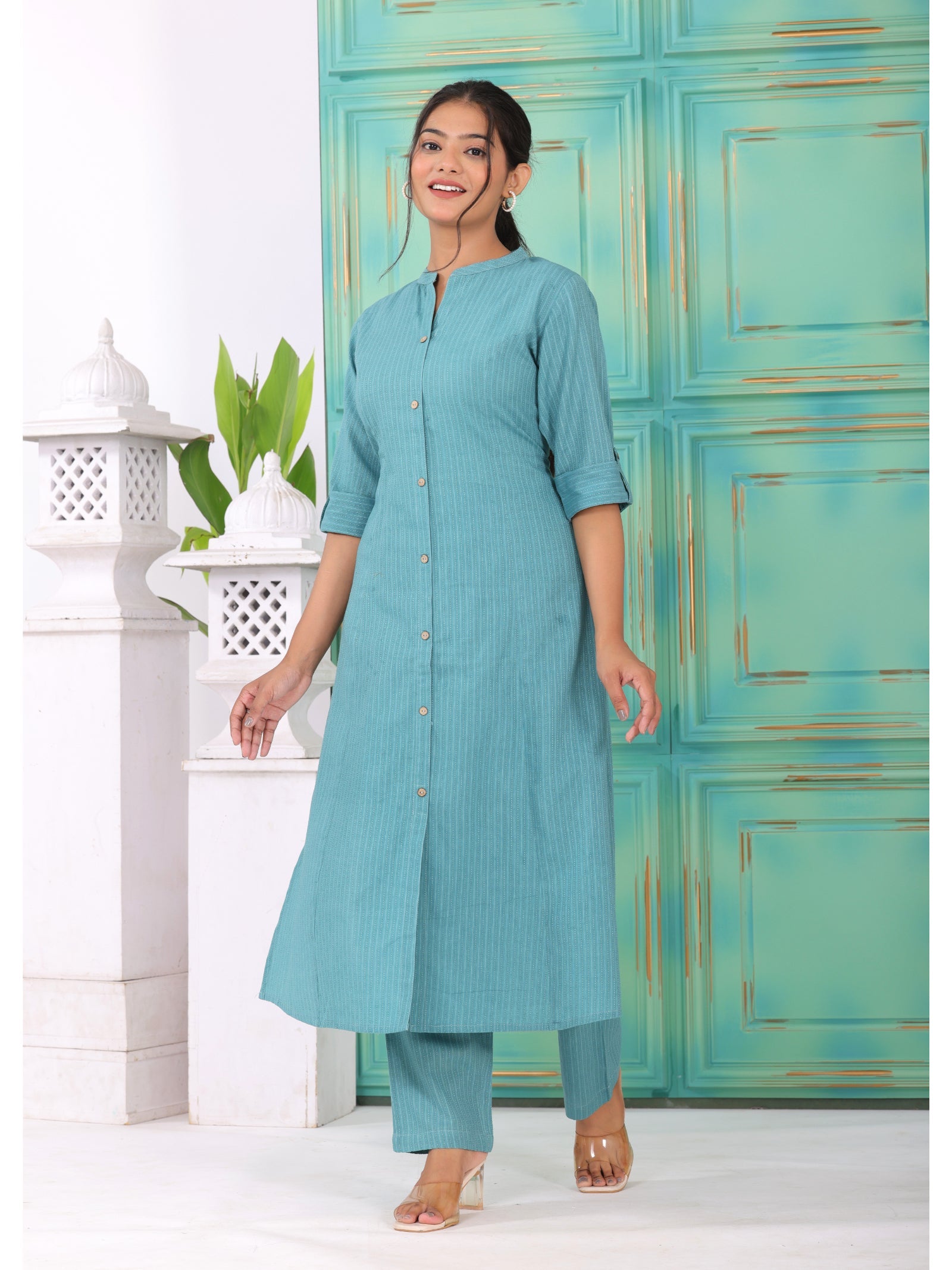 Maluka Women’s Pink, Yellow & Light Blue Cotton Kantha Kurta Set