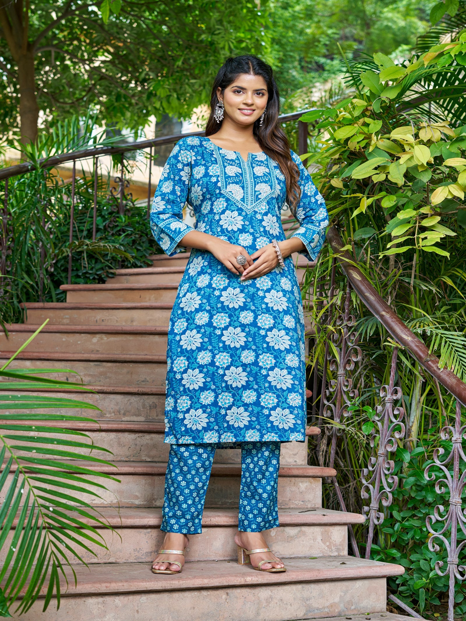 Maluka Women’s Blue, Yellow & Pink Floral Cotton Kurta Set with Dupatta
