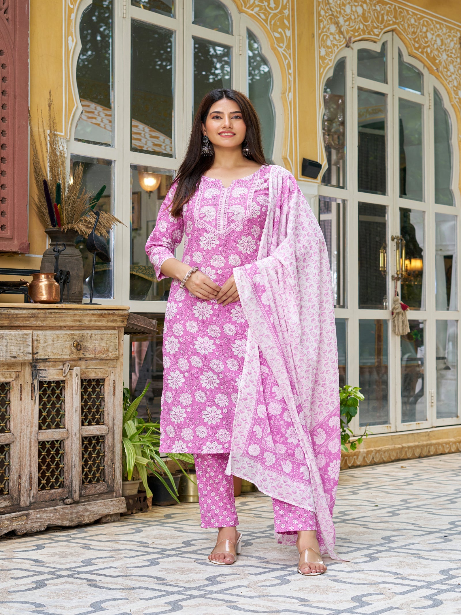 Maluka Women’s Blue, Yellow & Pink Floral Cotton Kurta Set with Dupatta