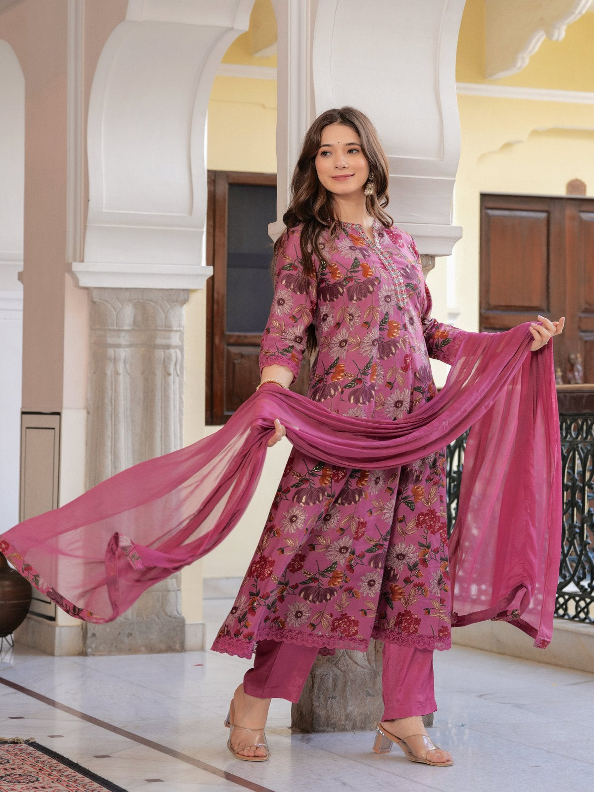 Rangvastra  MODAL CHANDERI FLORAL PRINT KURTA PANT WITH DUPATTA SET