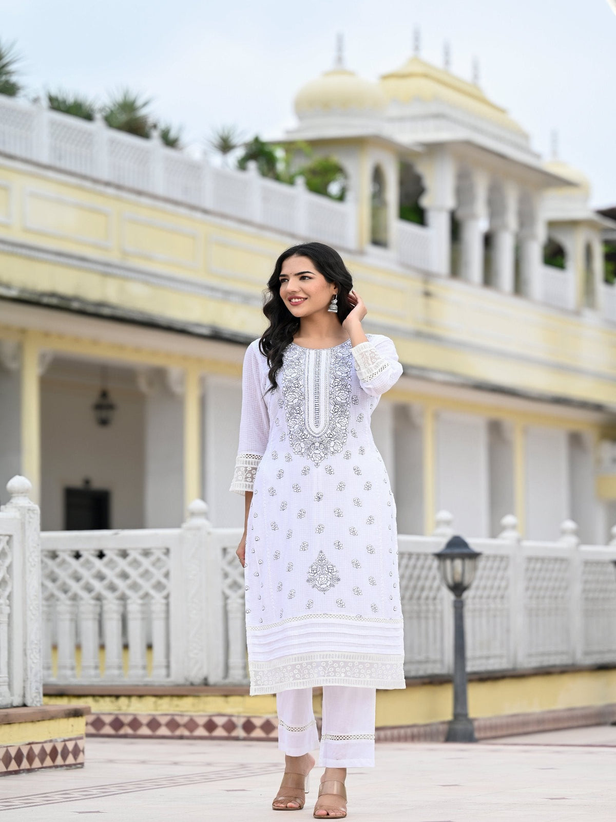 Rangvastra  Kota Doria Embellished Solid Print Kurta Pant With Dupatta Set