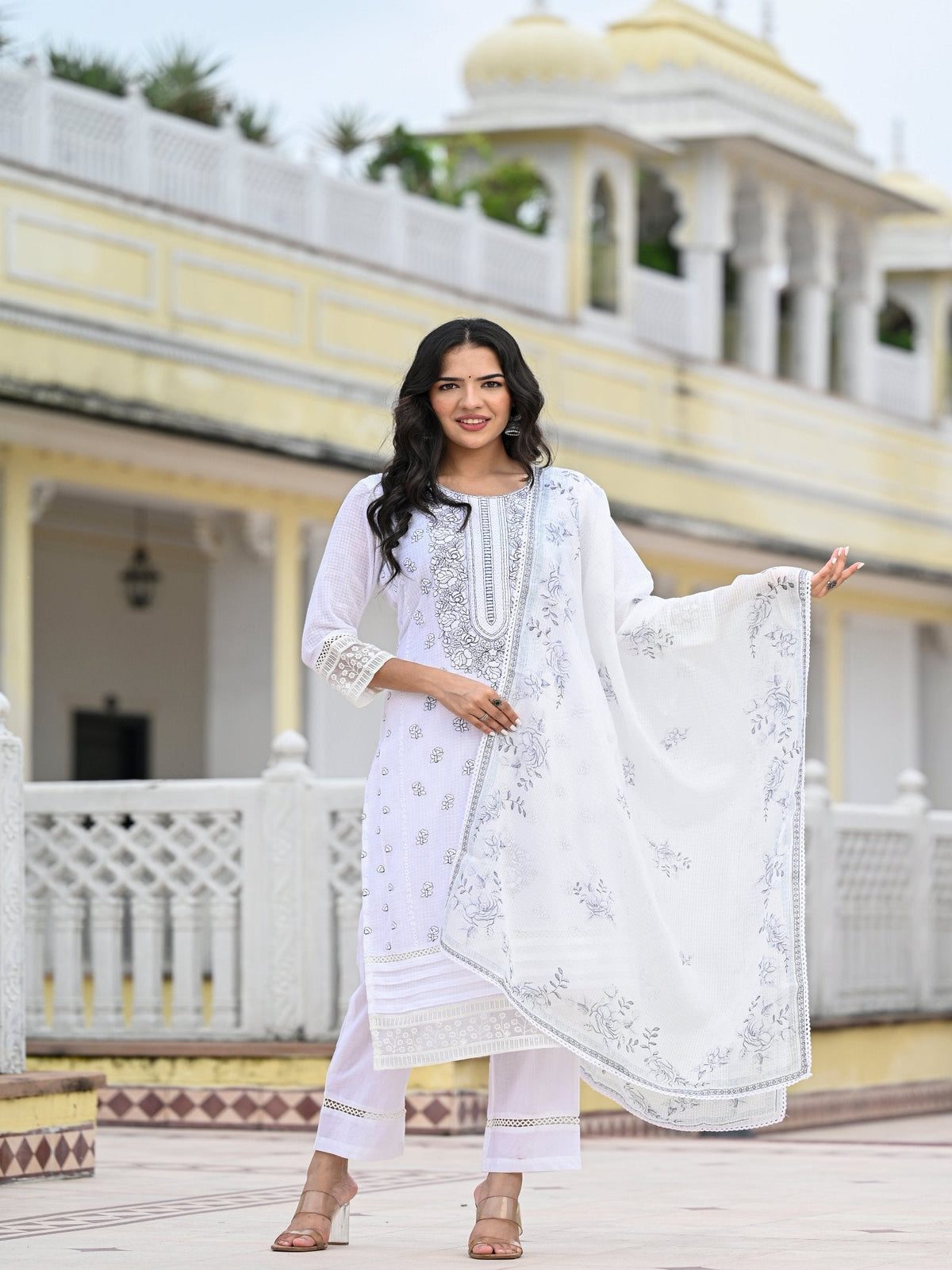 Rangvastra  Kota Doria Embellished Solid Print Kurta Pant With Dupatta Set