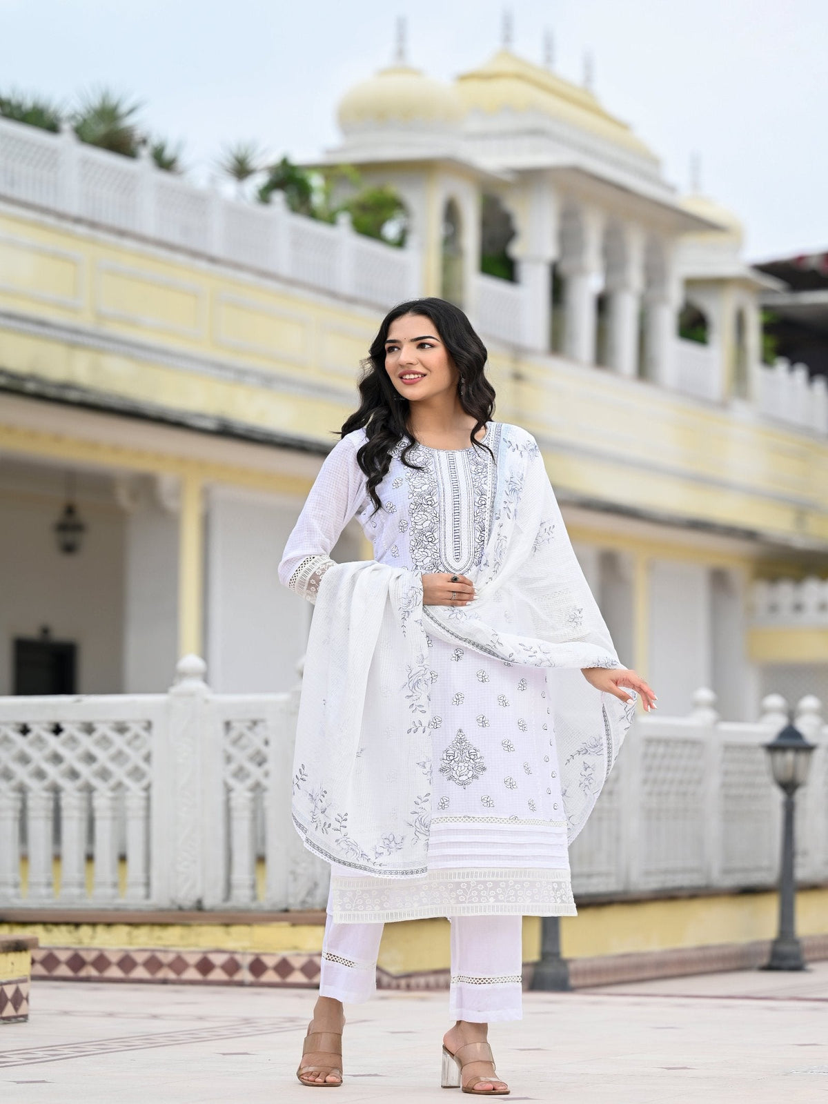 Rangvastra  Kota Doria Embellished Solid Print Kurta Pant With Dupatta Set