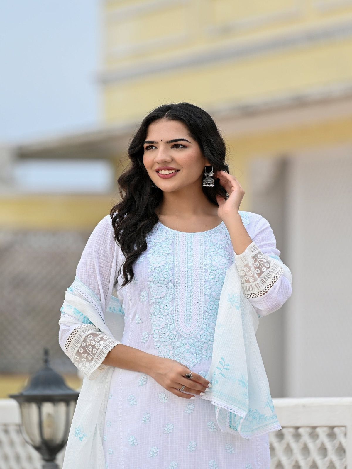 Rangvastra  Kota Doria Embellished Solid Print Kurta Pant With Dupatta Set