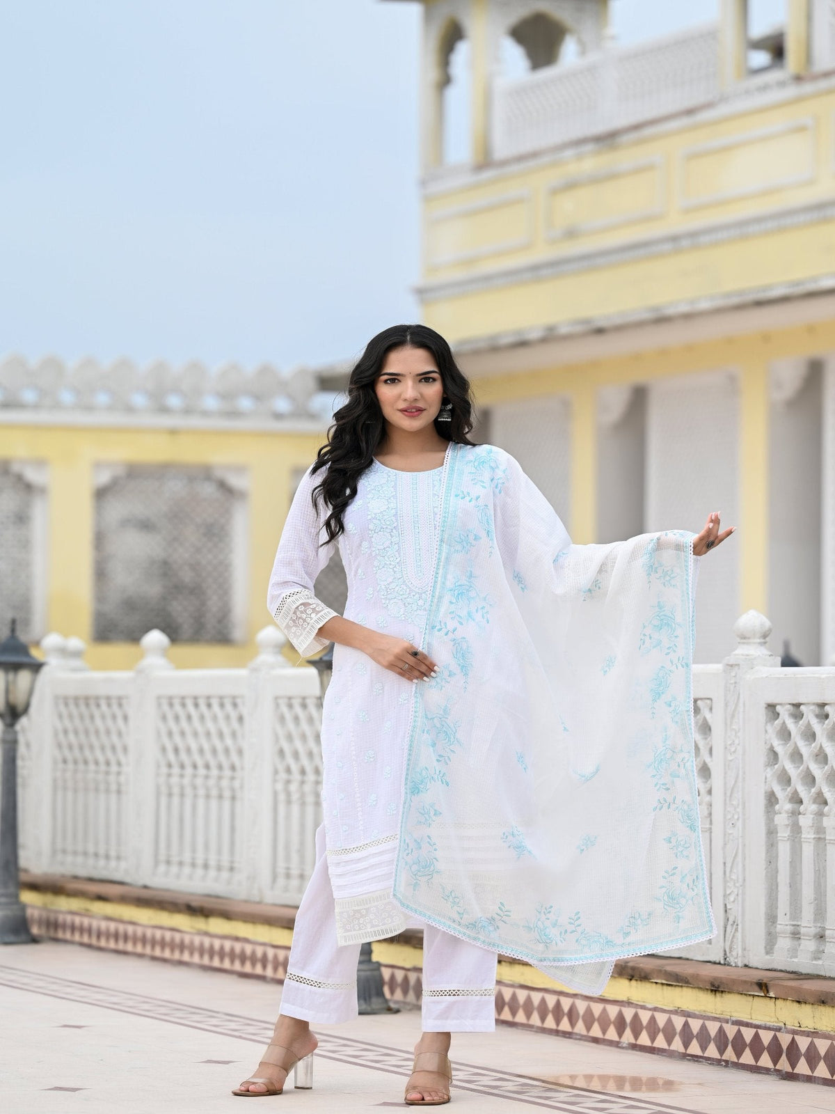Rangvastra  Kota Doria Embellished Solid Print Kurta Pant With Dupatta Set