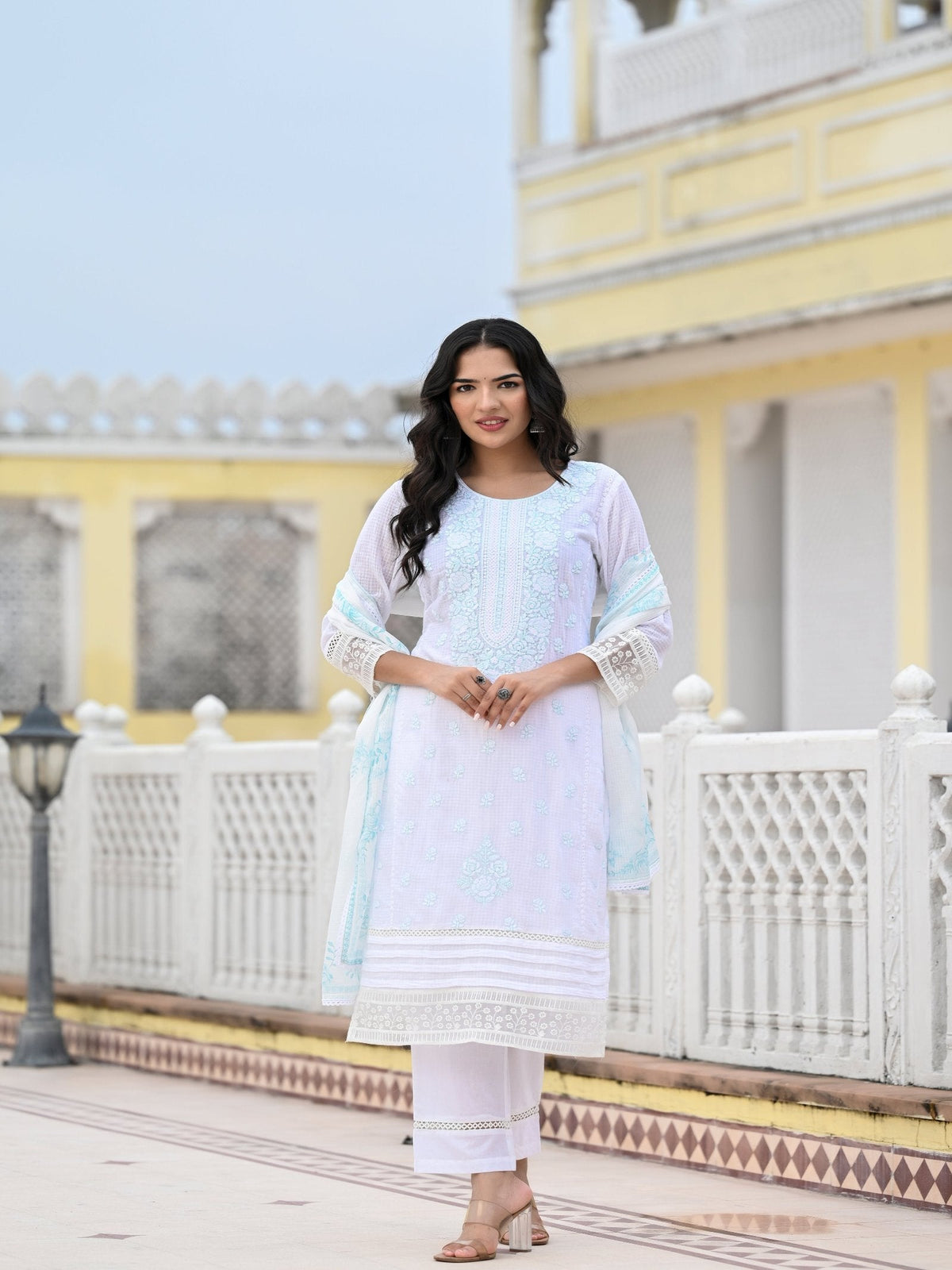 Rangvastra  Kota Doria Embellished Solid Print Kurta Pant With Dupatta Set