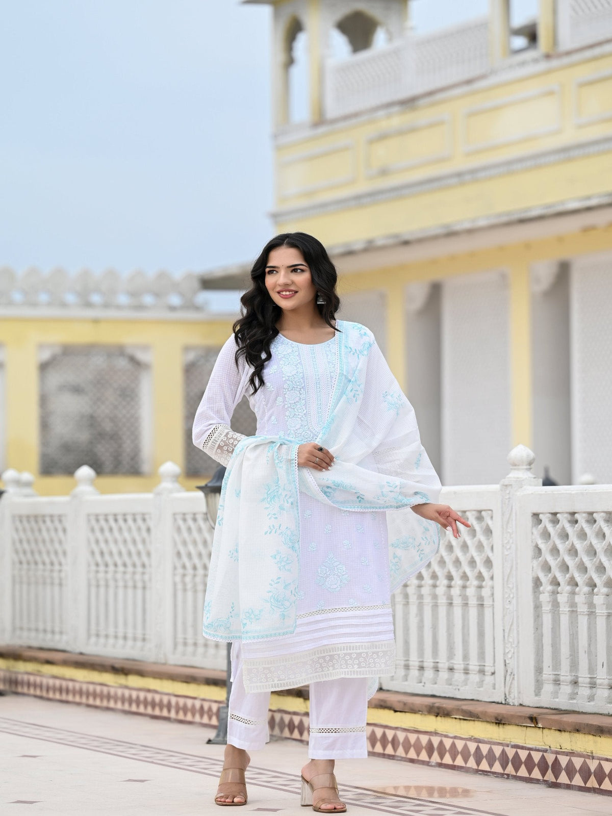 Rangvastra  Kota Doria Embellished Solid Print Kurta Pant With Dupatta Set