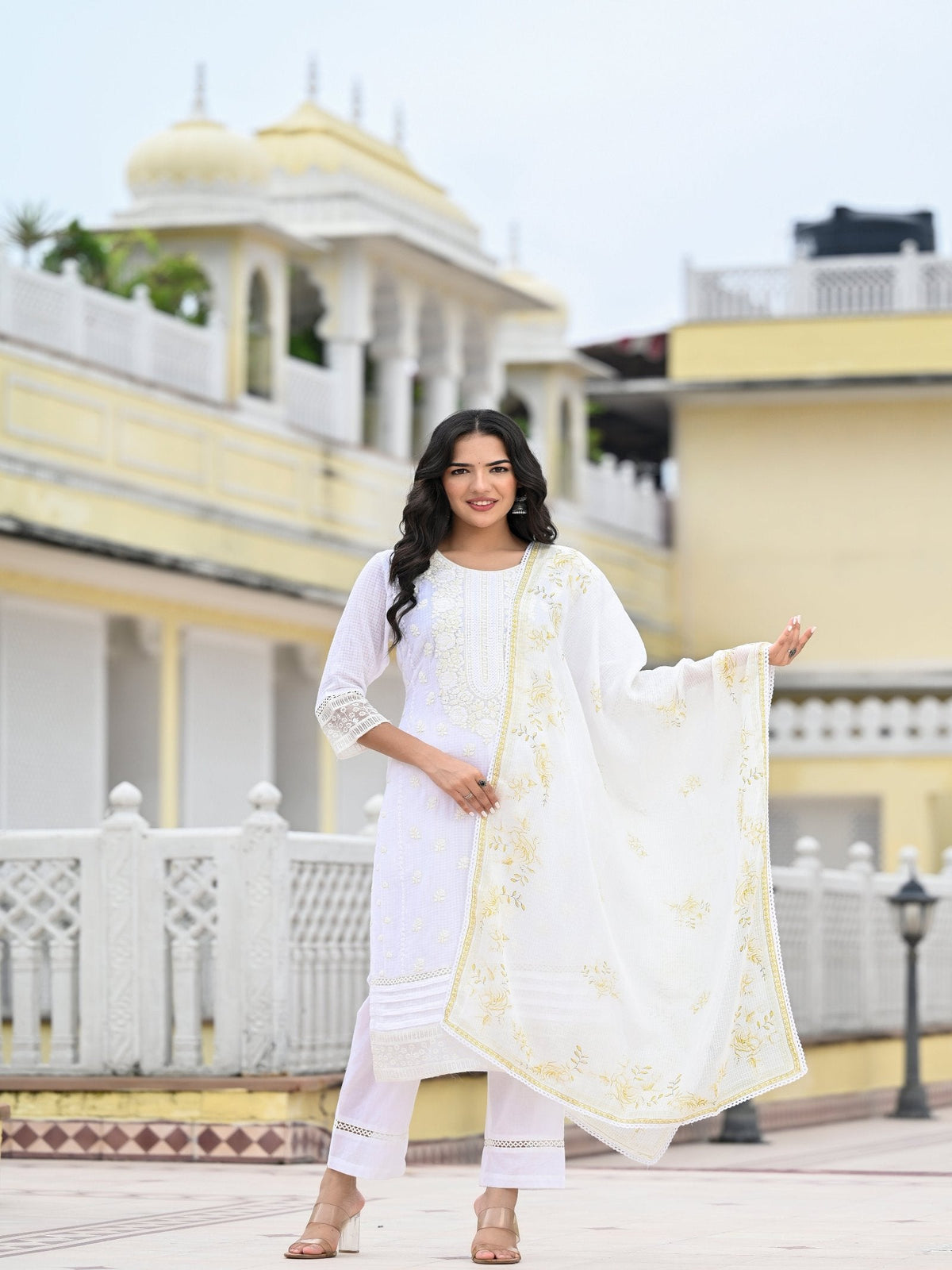 Rangvastra  Kota Doria Embellished Solid Print Kurta Pant With Dupatta Set