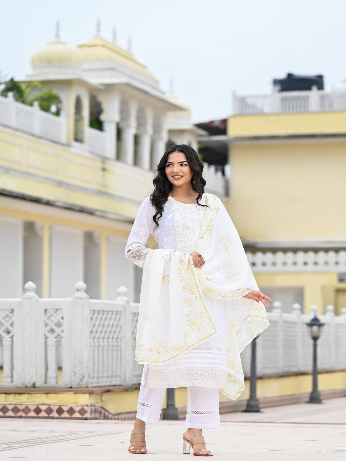 Rangvastra  Kota Doria Embellished Solid Print Kurta Pant With Dupatta Set
