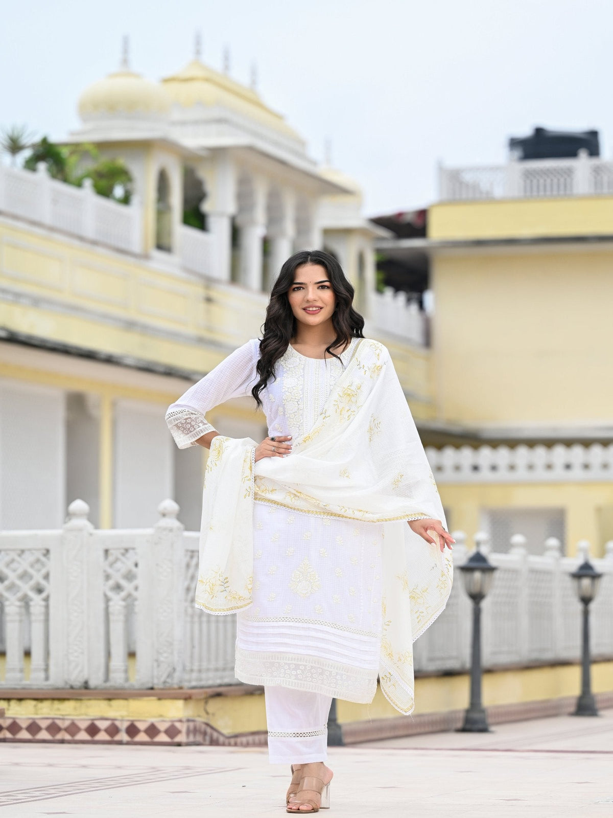Rangvastra  Kota Doria Embellished Solid Print Kurta Pant With Dupatta Set