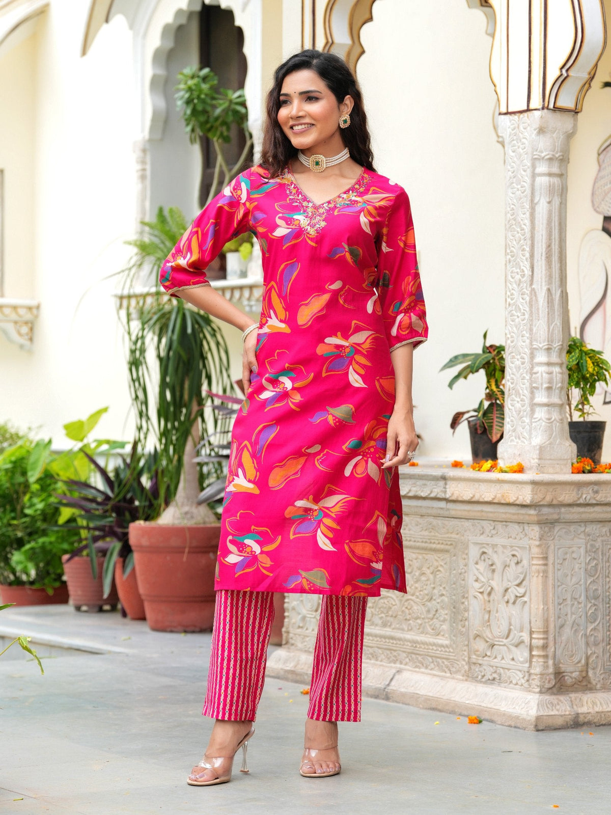 Rangvastra Modal Chanderi Foil Print Sequins with Beads and Stone Work Kurta Set