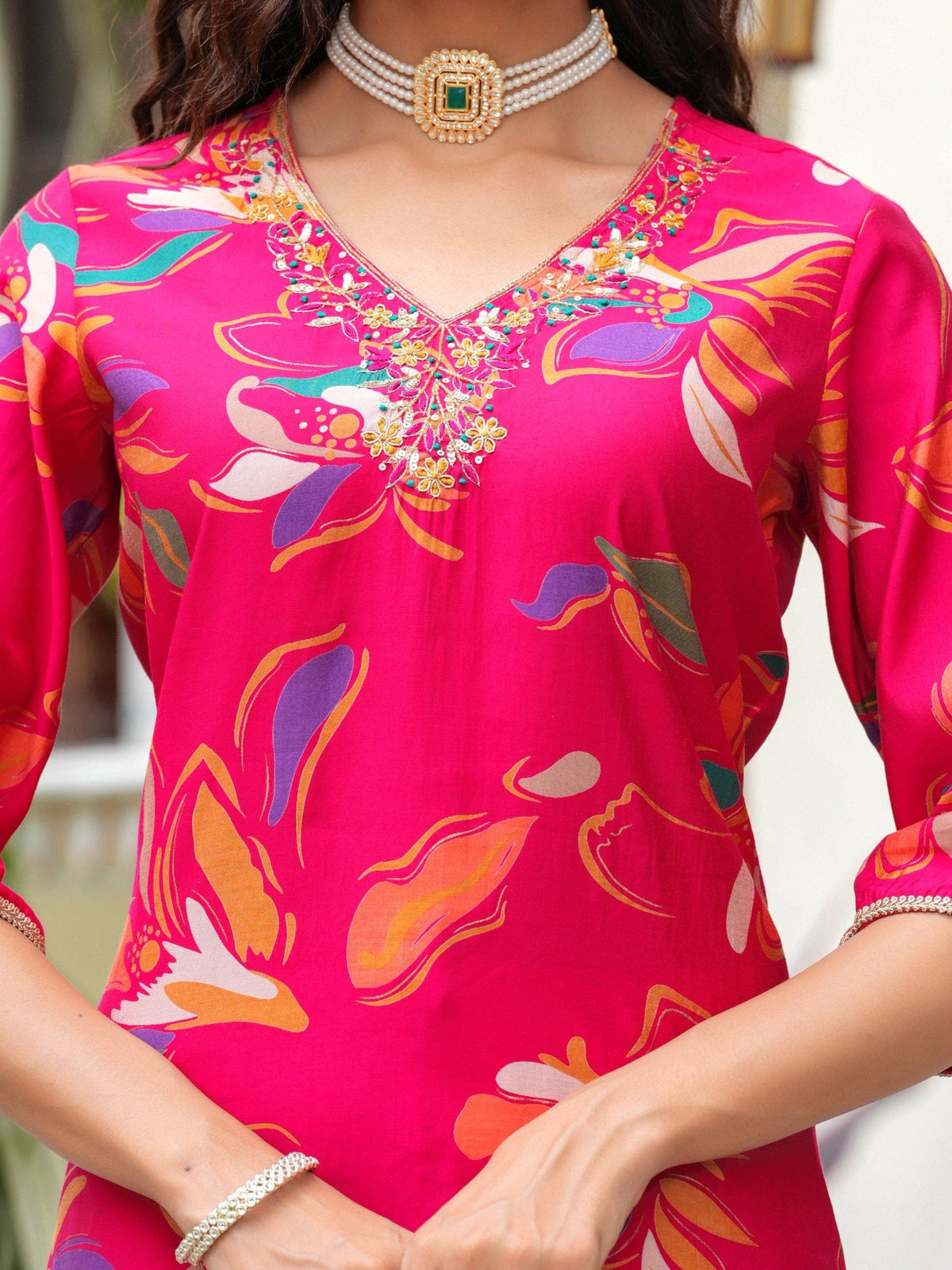 Rangvastra Modal Chanderi Foil Print Sequins with Beads and Stone Work Kurta Set