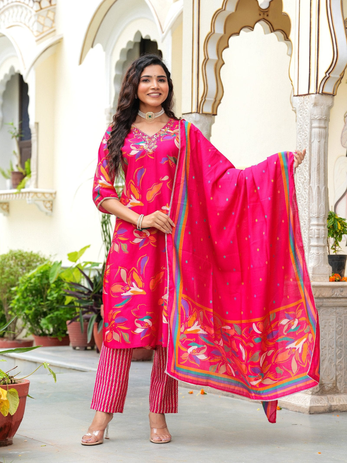 Rangvastra Modal Chanderi Foil Print Sequins with Beads and Stone Work Kurta Set