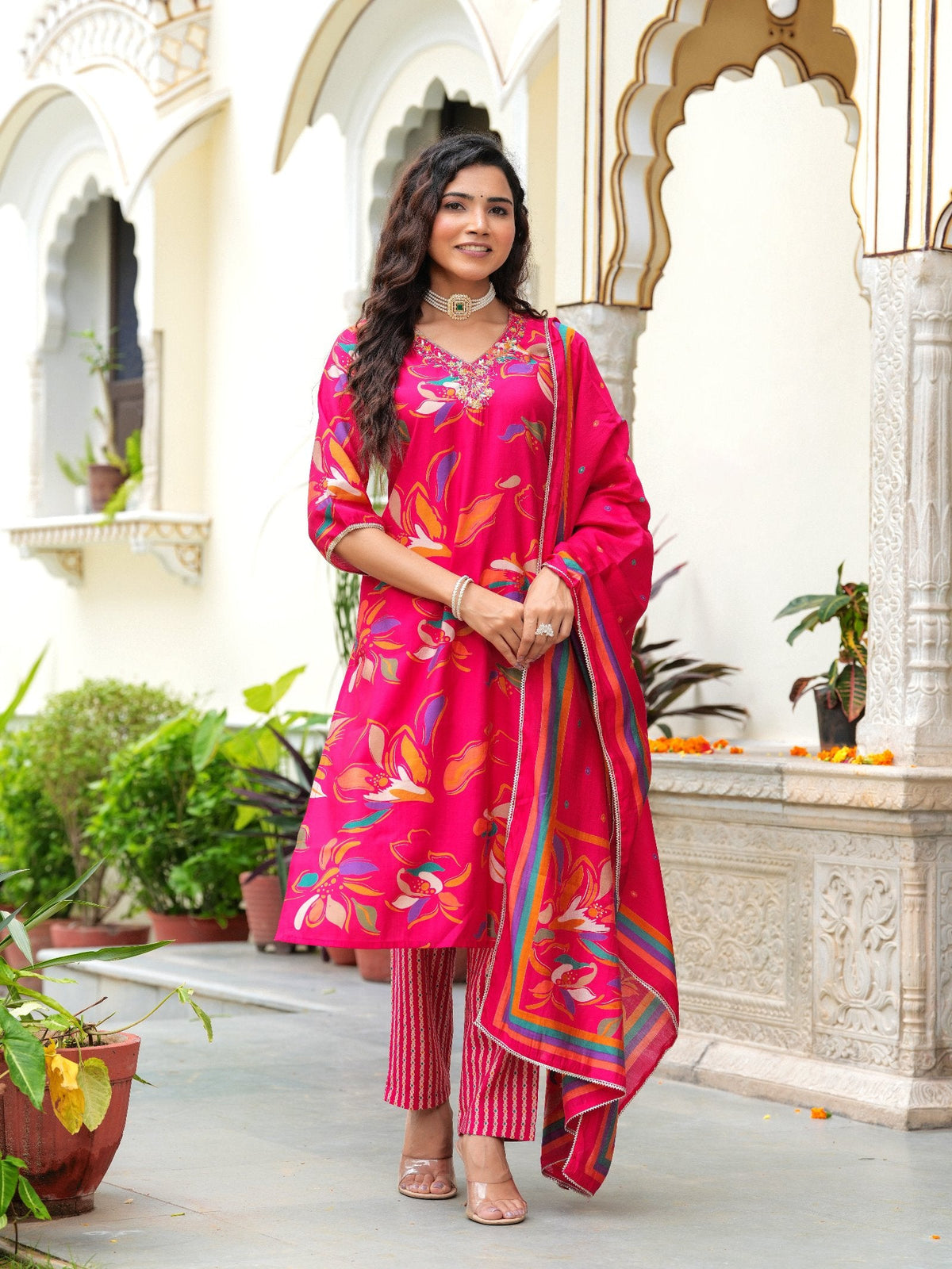 Rangvastra Modal Chanderi Foil Print Sequins with Beads and Stone Work Kurta Set