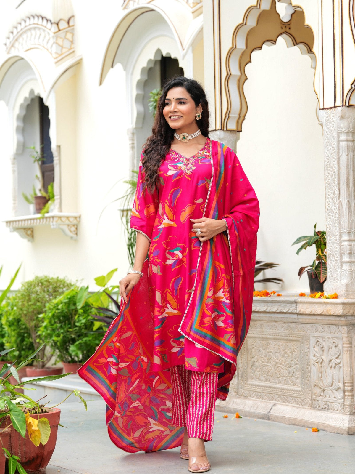 Rangvastra Modal Chanderi Foil Print Sequins with Beads and Stone Work Kurta Set