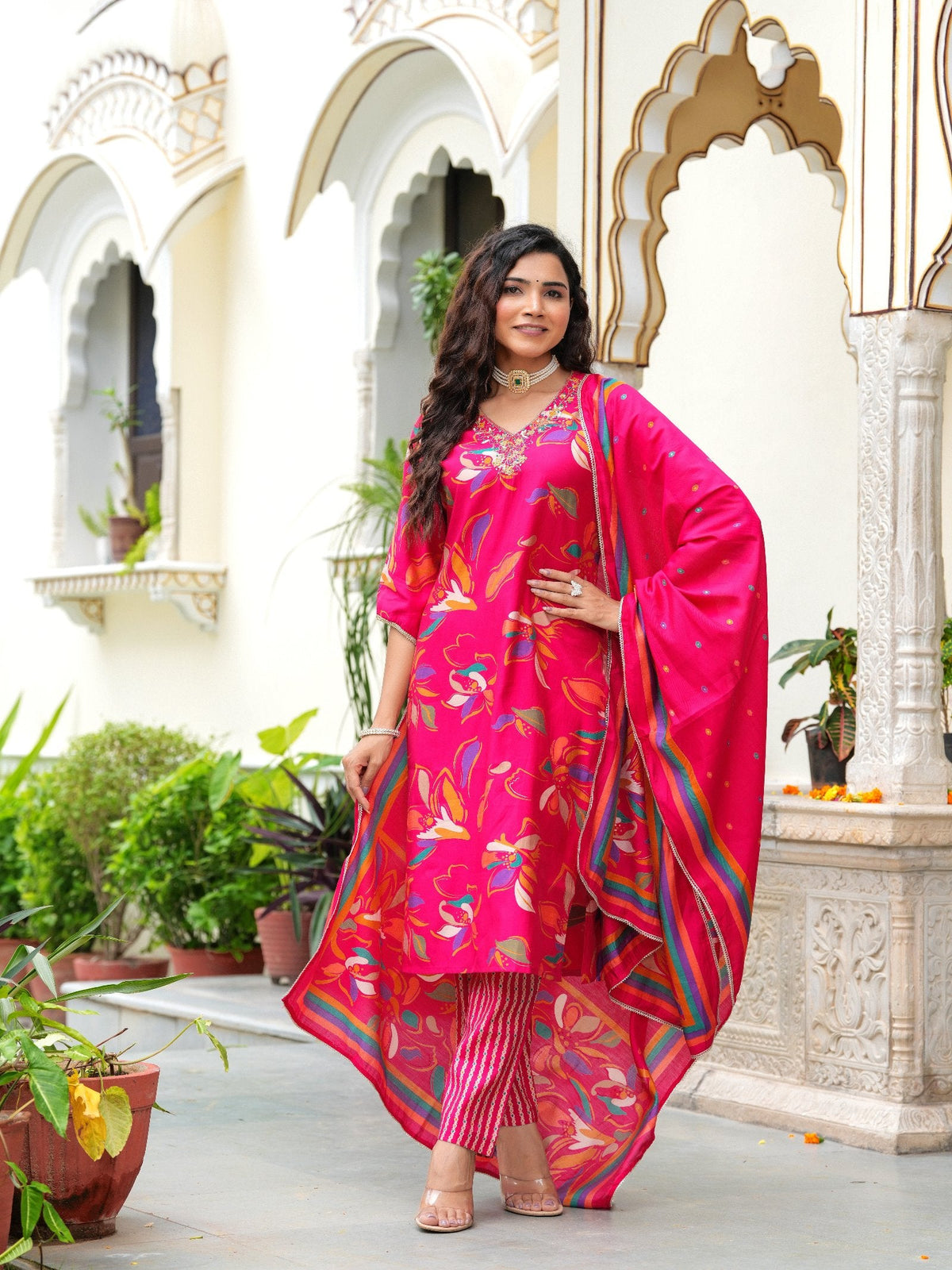 Rangvastra Modal Chanderi Foil Print Sequins with Beads and Stone Work Kurta Set