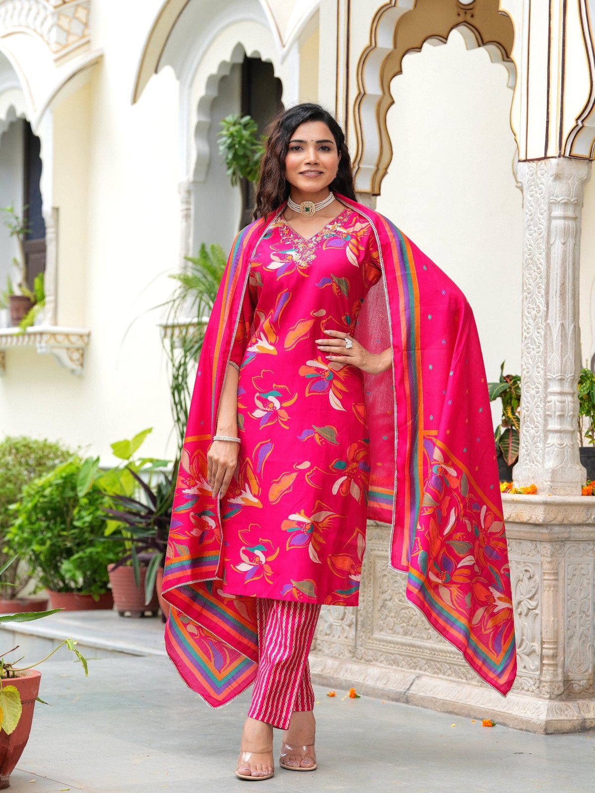 Rangvastra Modal Chanderi Foil Print Sequins with Beads and Stone Work Kurta Set