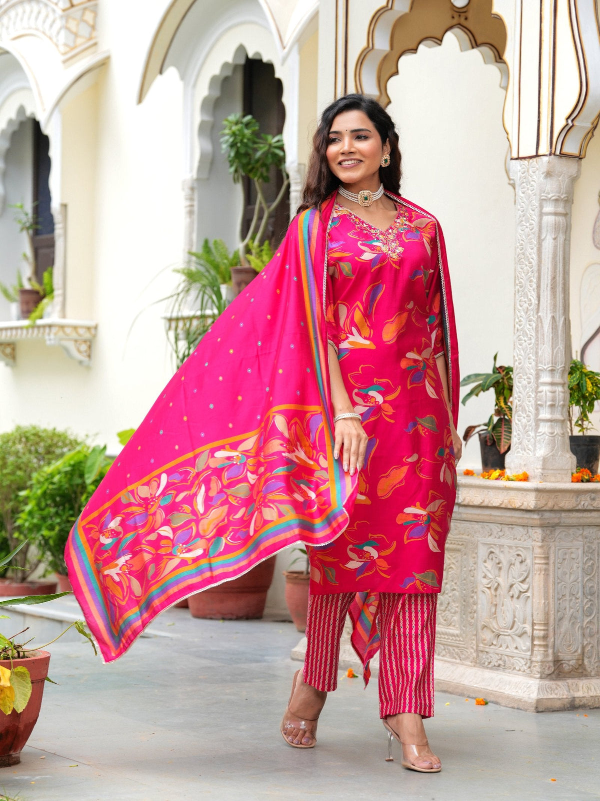Rangvastra Modal Chanderi Foil Print Sequins with Beads and Stone Work Kurta Set