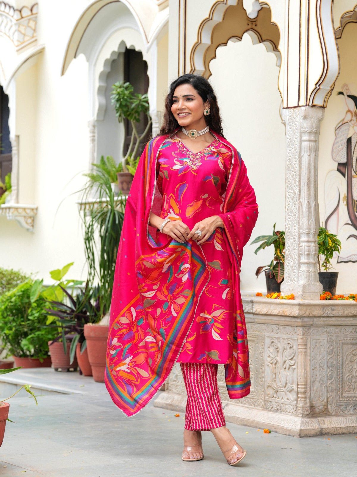 Rangvastra Modal Chanderi Foil Print Sequins with Beads and Stone Work Kurta Set