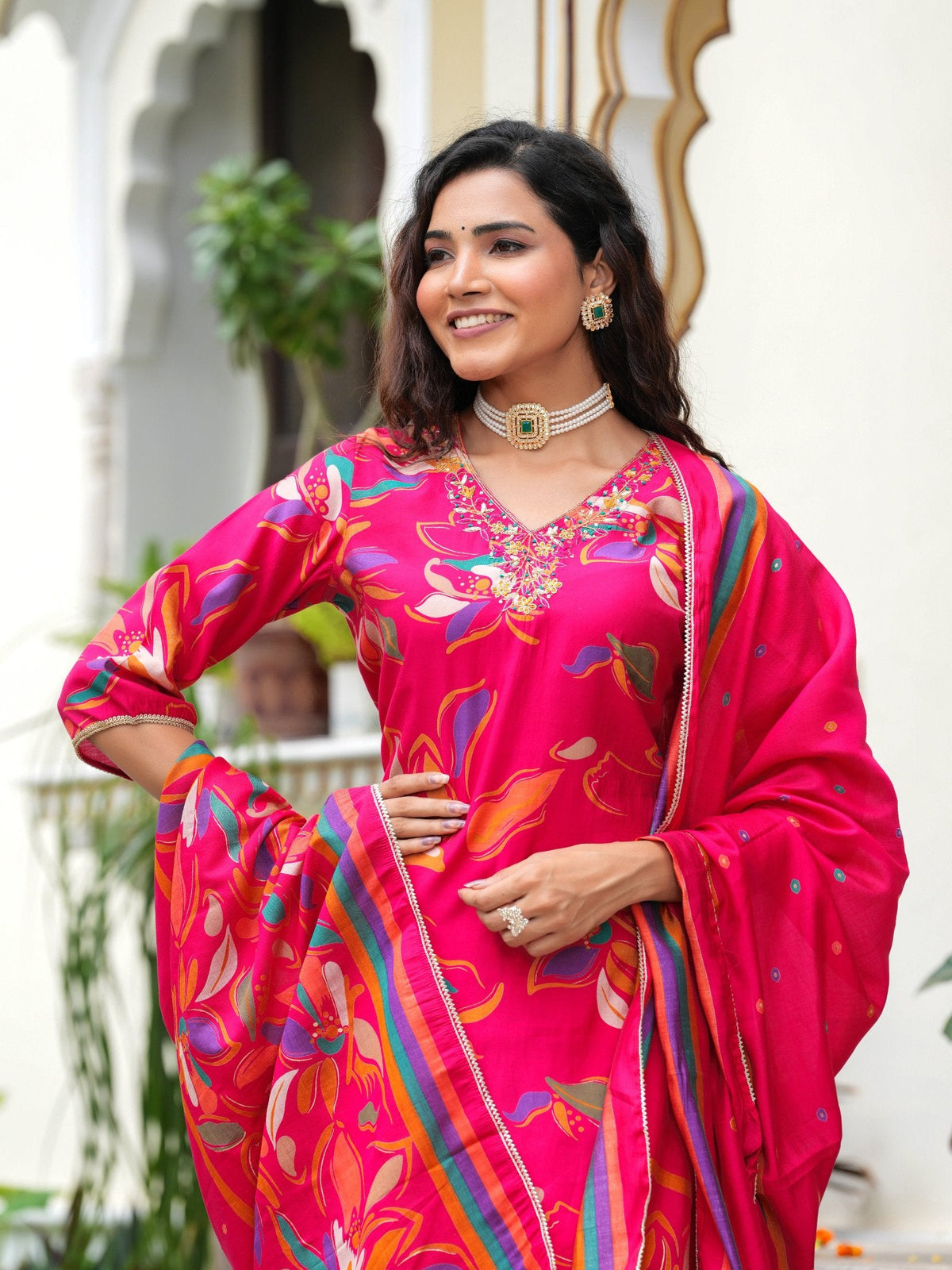 Rangvastra Modal Chanderi Foil Print Sequins with Beads and Stone Work Kurta Set