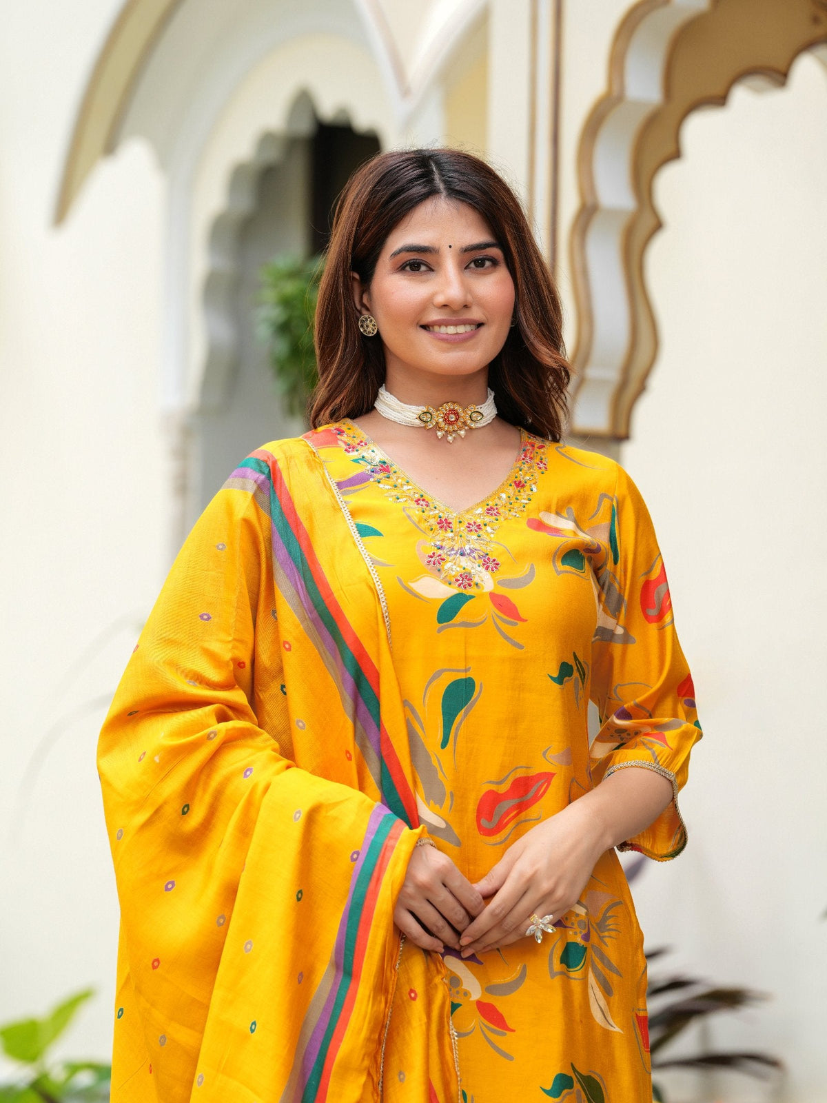 Rangvastra Modal Chanderi Foil Print Sequins with Beads and Stone Work Kurta Set