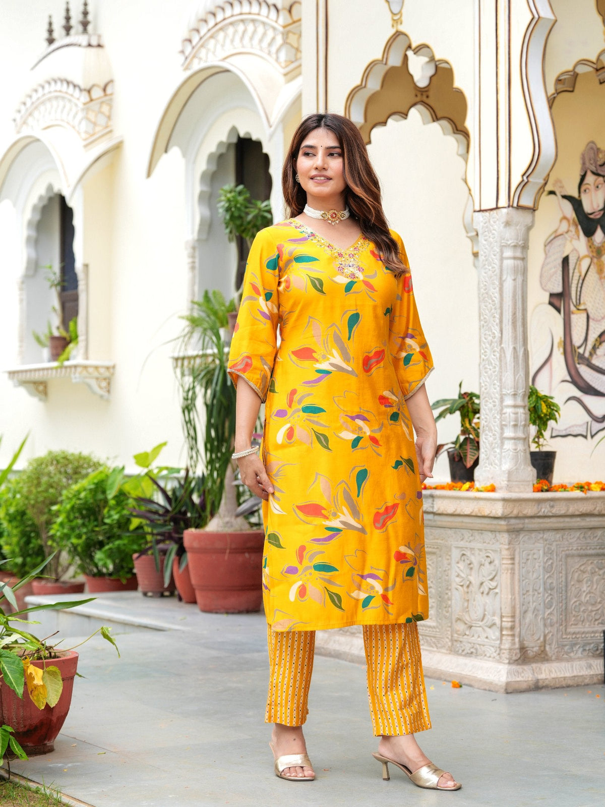 Rangvastra Modal Chanderi Foil Print Sequins with Beads and Stone Work Kurta Set