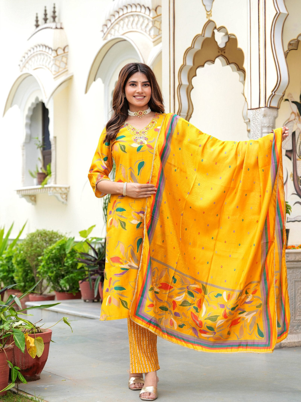Rangvastra Modal Chanderi Foil Print Sequins with Beads and Stone Work Kurta Set