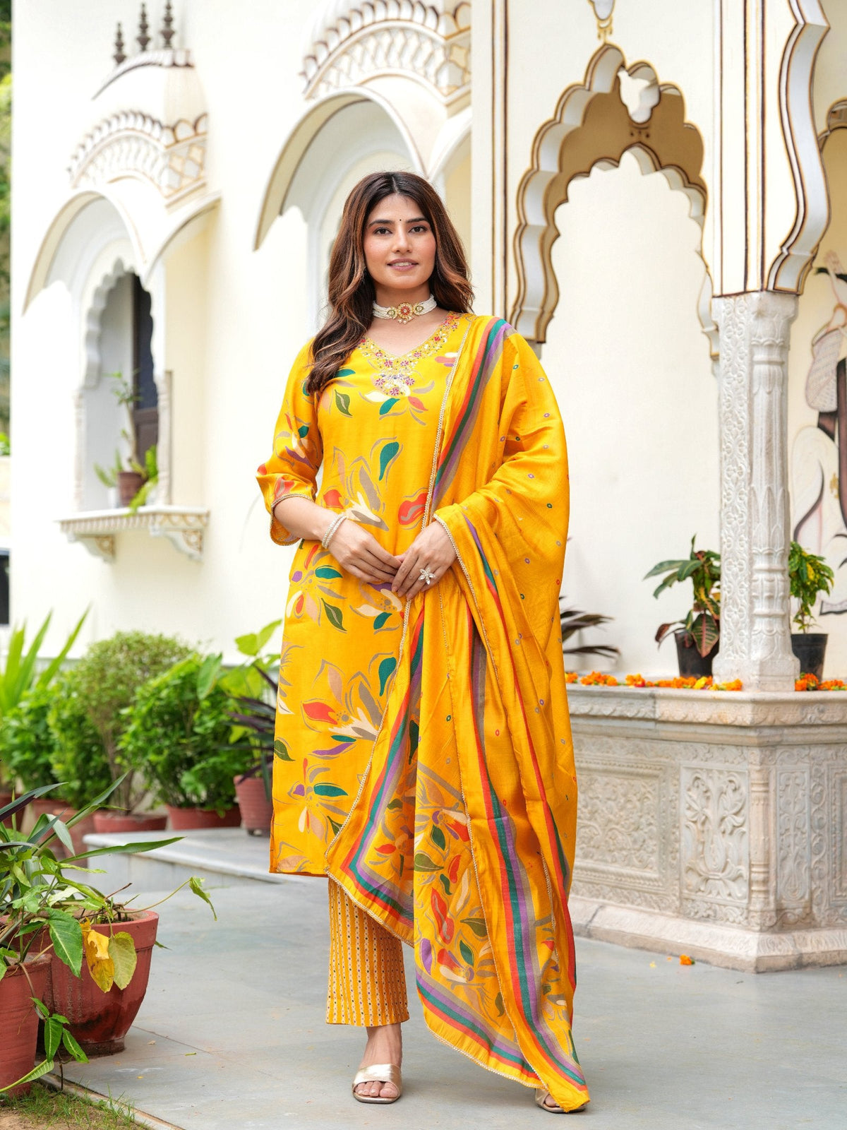 Rangvastra Modal Chanderi Foil Print Sequins with Beads and Stone Work Kurta Set
