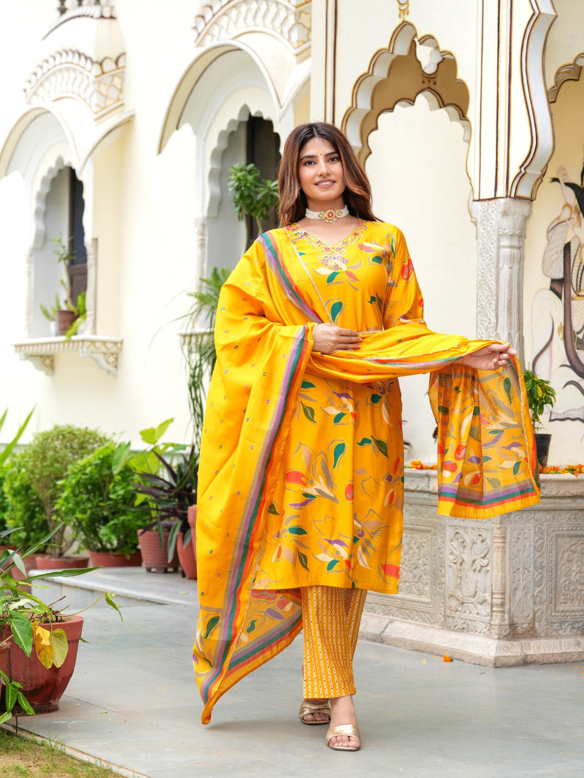 Rangvastra Modal Chanderi Foil Print Sequins with Beads and Stone Work Kurta Set