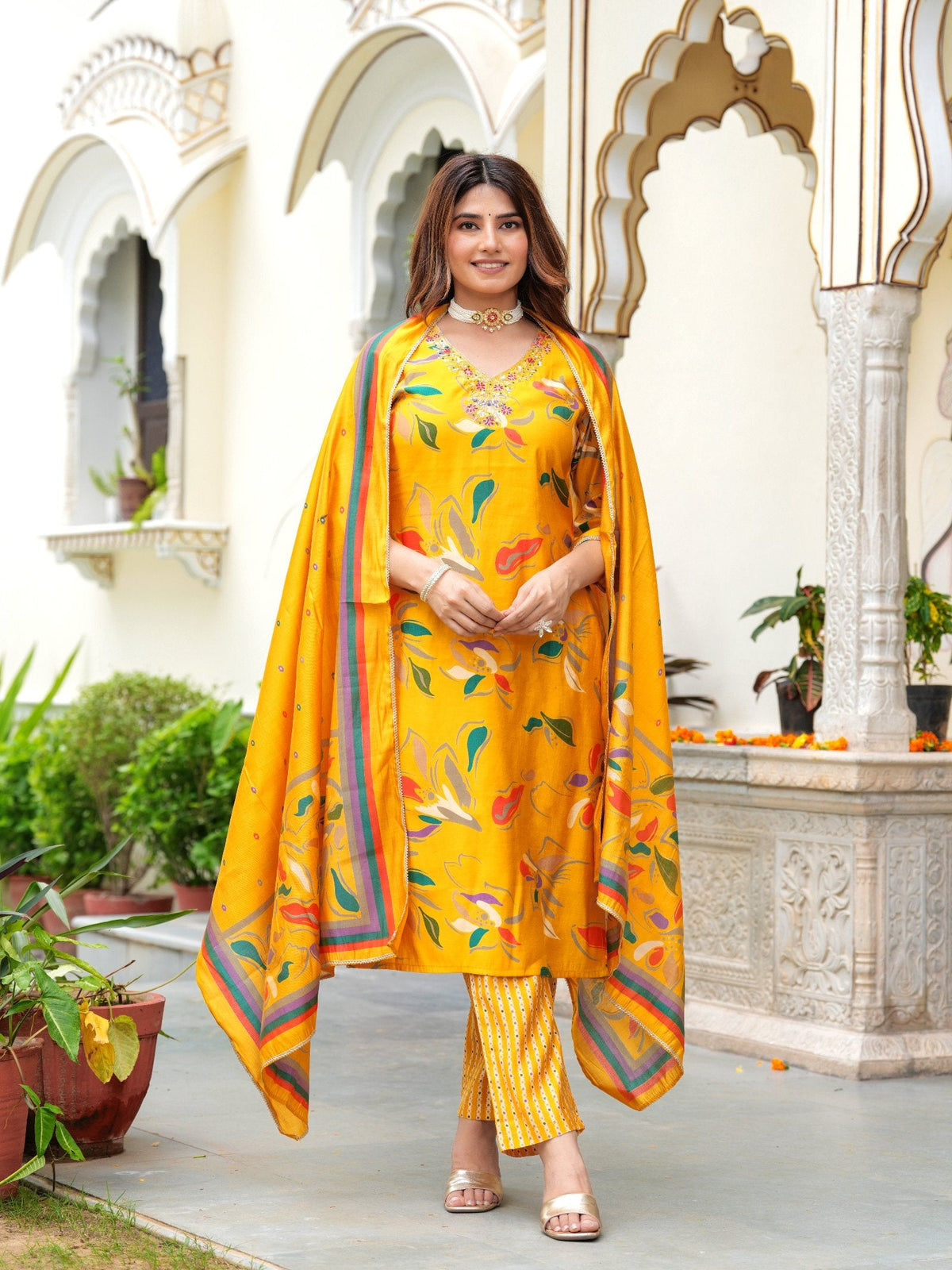 Rangvastra Modal Chanderi Foil Print Sequins with Beads and Stone Work Kurta Set