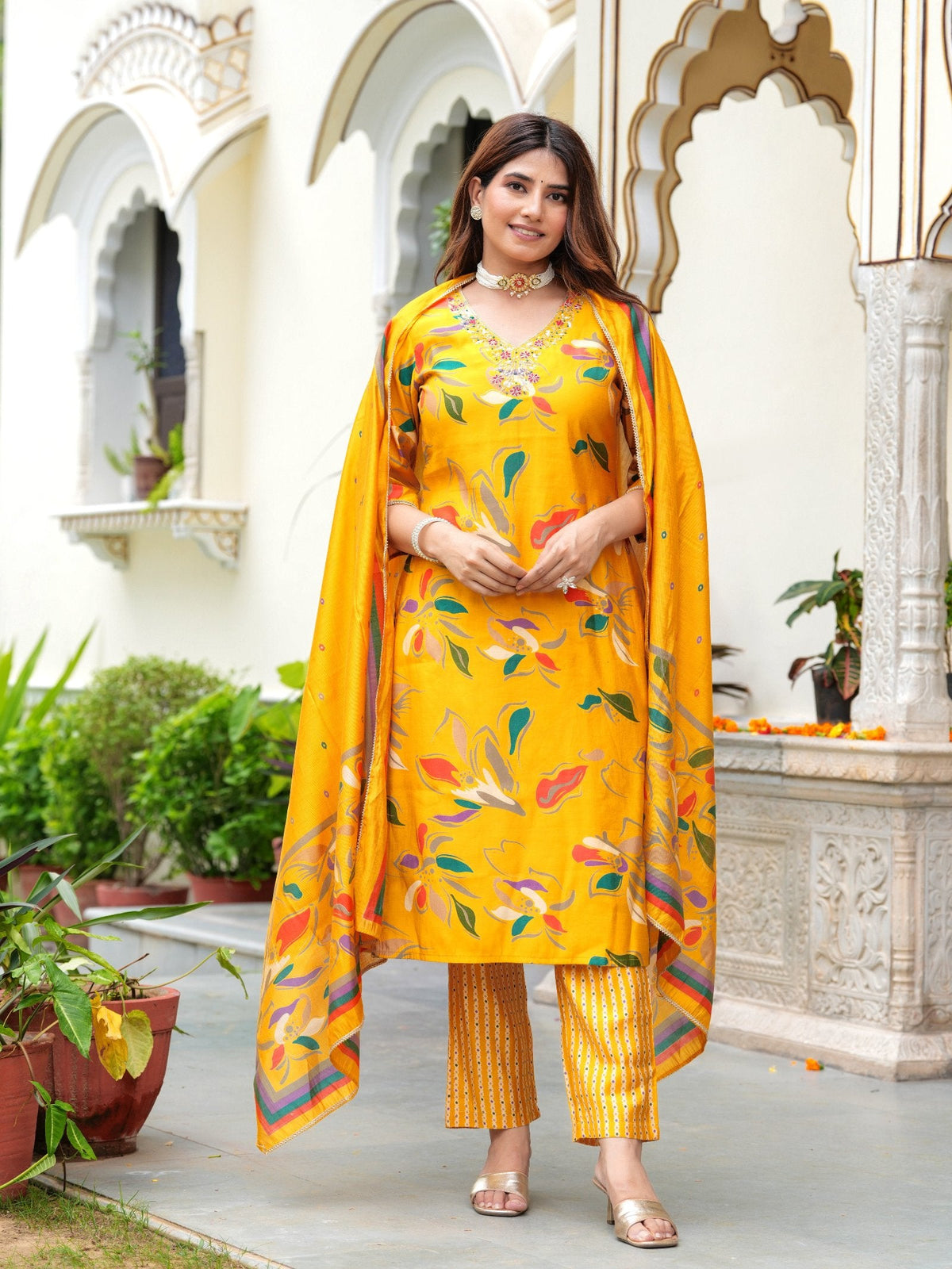 Rangvastra Modal Chanderi Foil Print Sequins with Beads and Stone Work Kurta Set