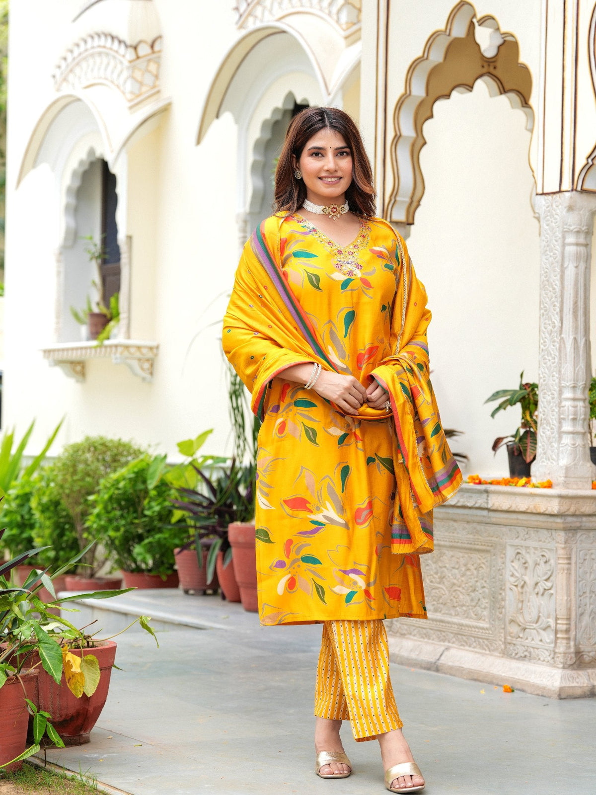 Rangvastra Modal Chanderi Foil Print Sequins with Beads and Stone Work Kurta Set
