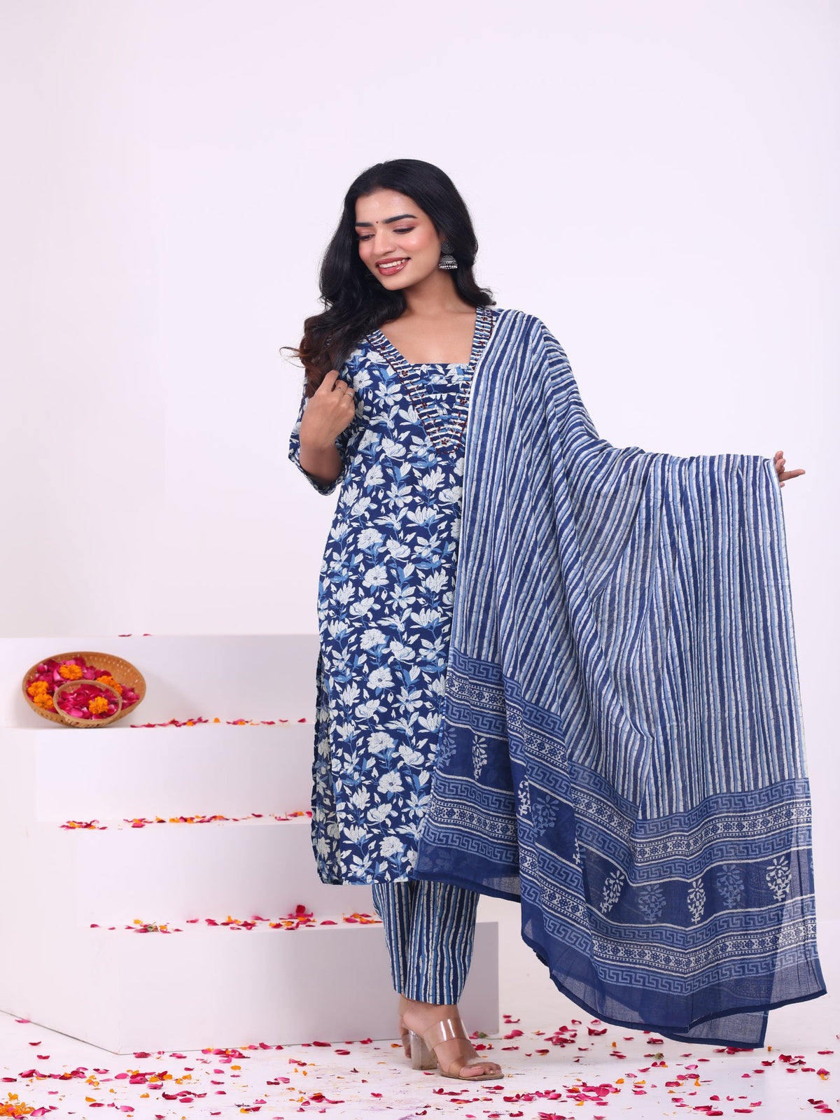Rangvastra Blue & Pink Floral Rayon Kurta Set with Dupatta