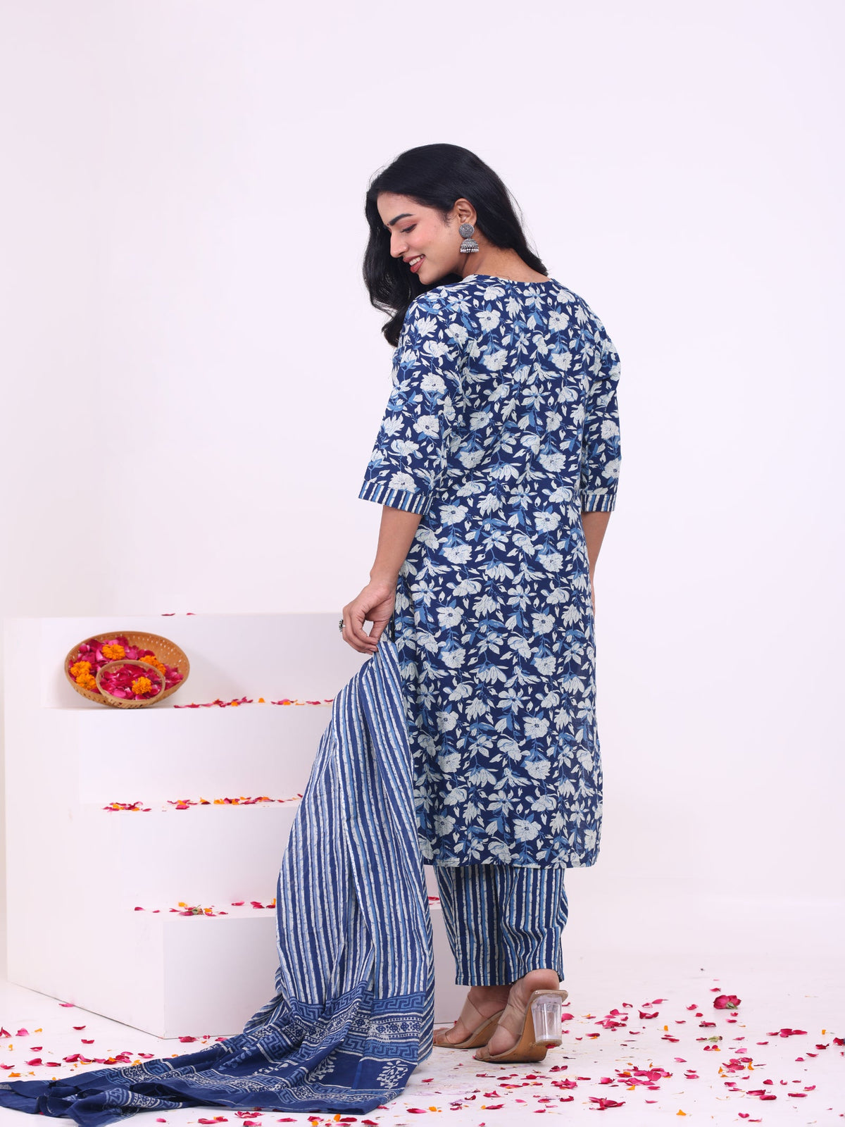 Rangvastra Blue & Pink Floral Rayon Kurta Set with Dupatta