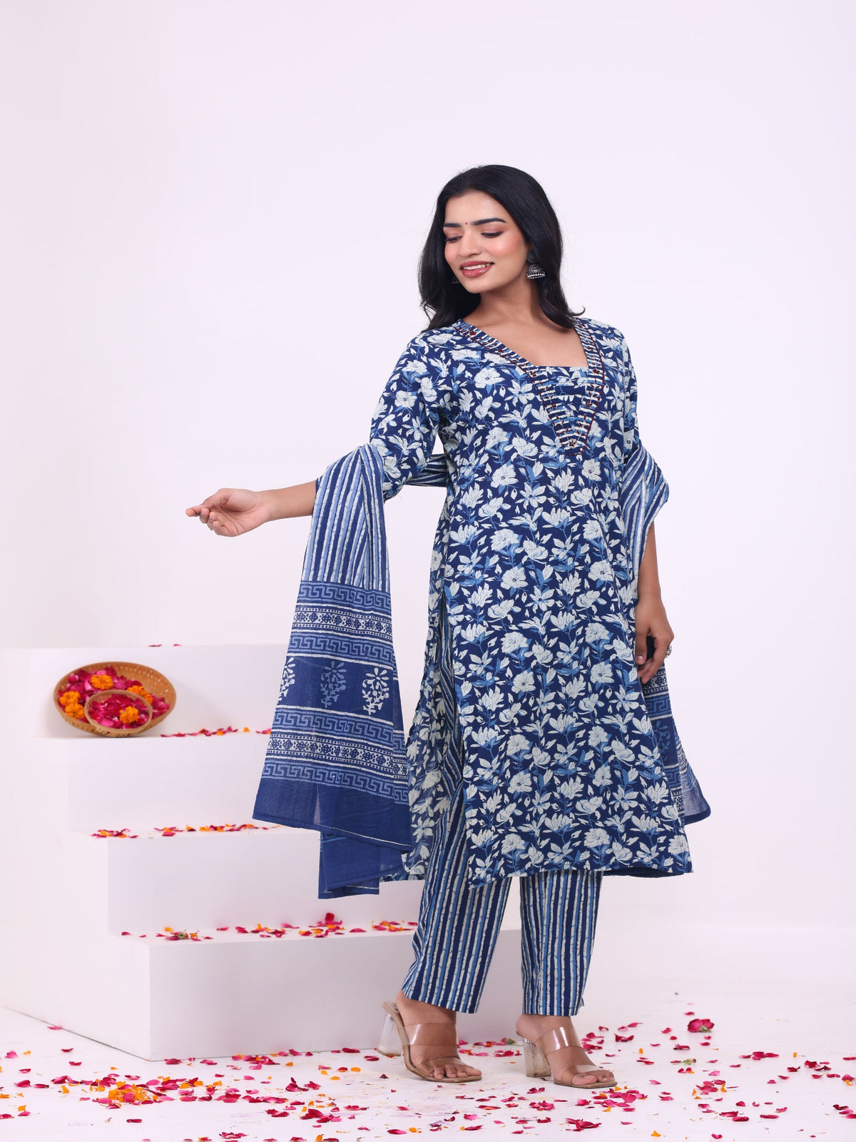 Rangvastra Blue & Pink Floral Rayon Kurta Set with Dupatta