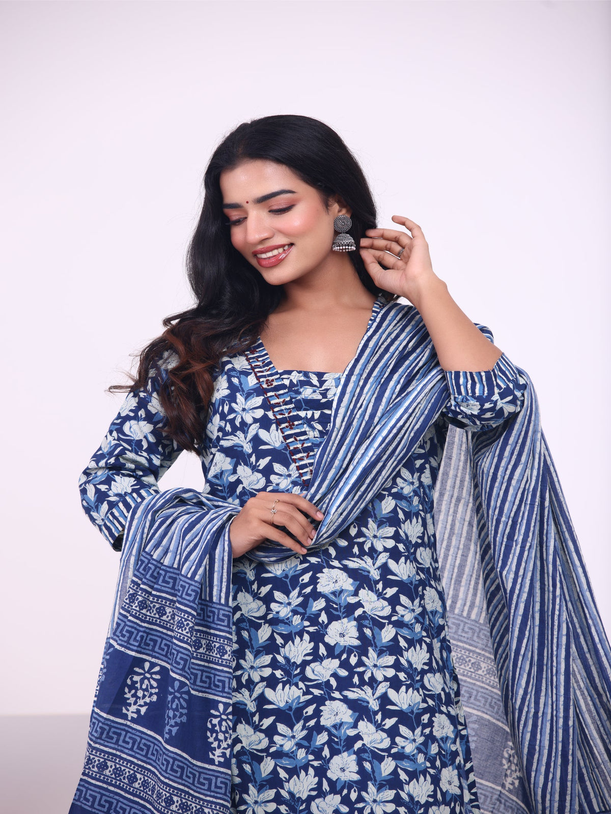 Rangvastra Blue & Pink Floral Rayon Kurta Set with Dupatta