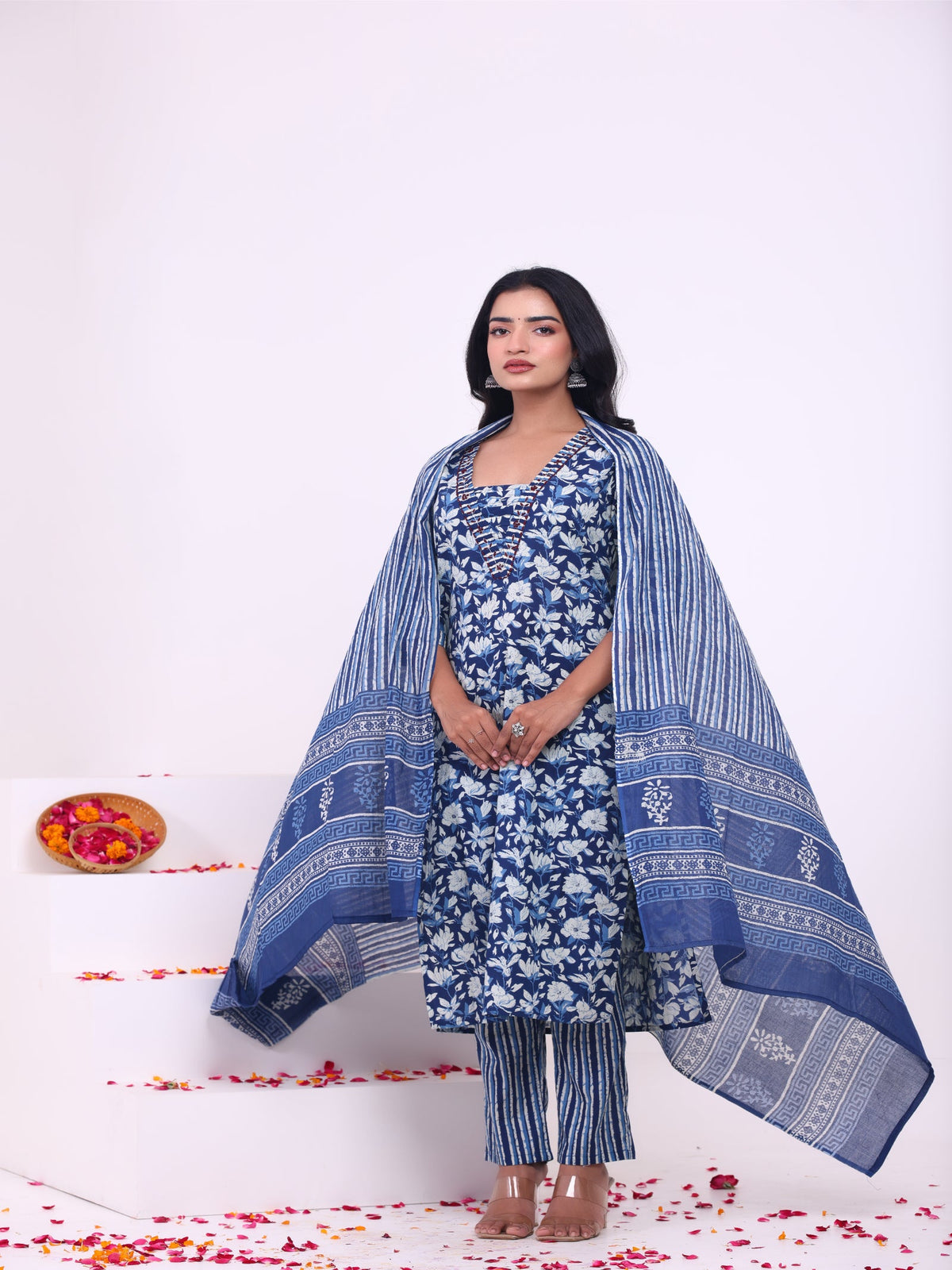 Rangvastra Blue & Pink Floral Rayon Kurta Set with Dupatta