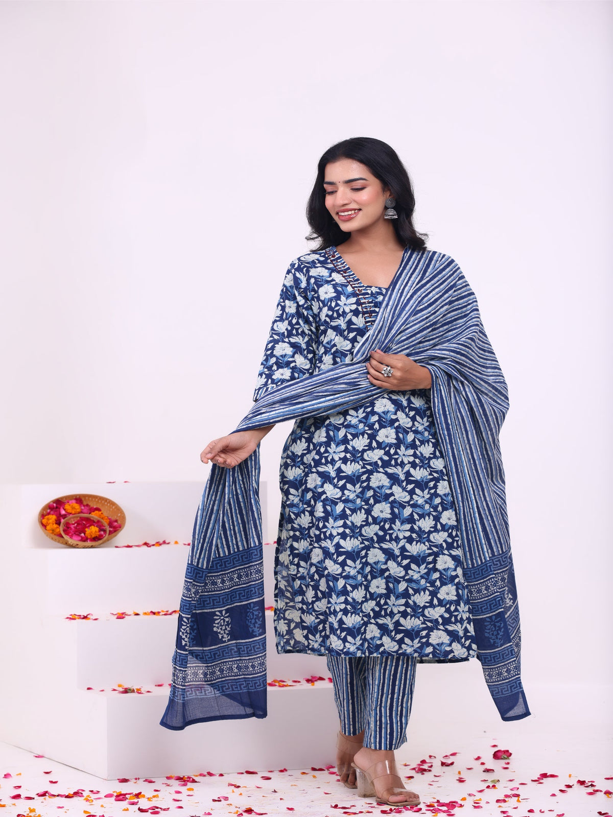 Rangvastra Blue & Pink Floral Rayon Kurta Set with Dupatta