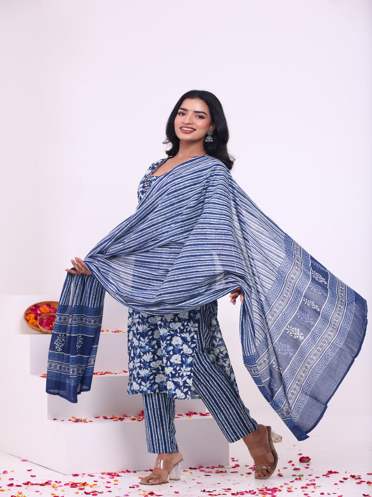 Rangvastra Blue & Pink Floral Rayon Kurta Set with Dupatta