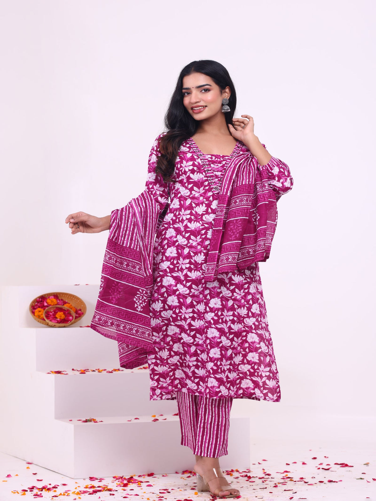 Rangvastra Blue & Pink Floral Rayon Kurta Set with Dupatta