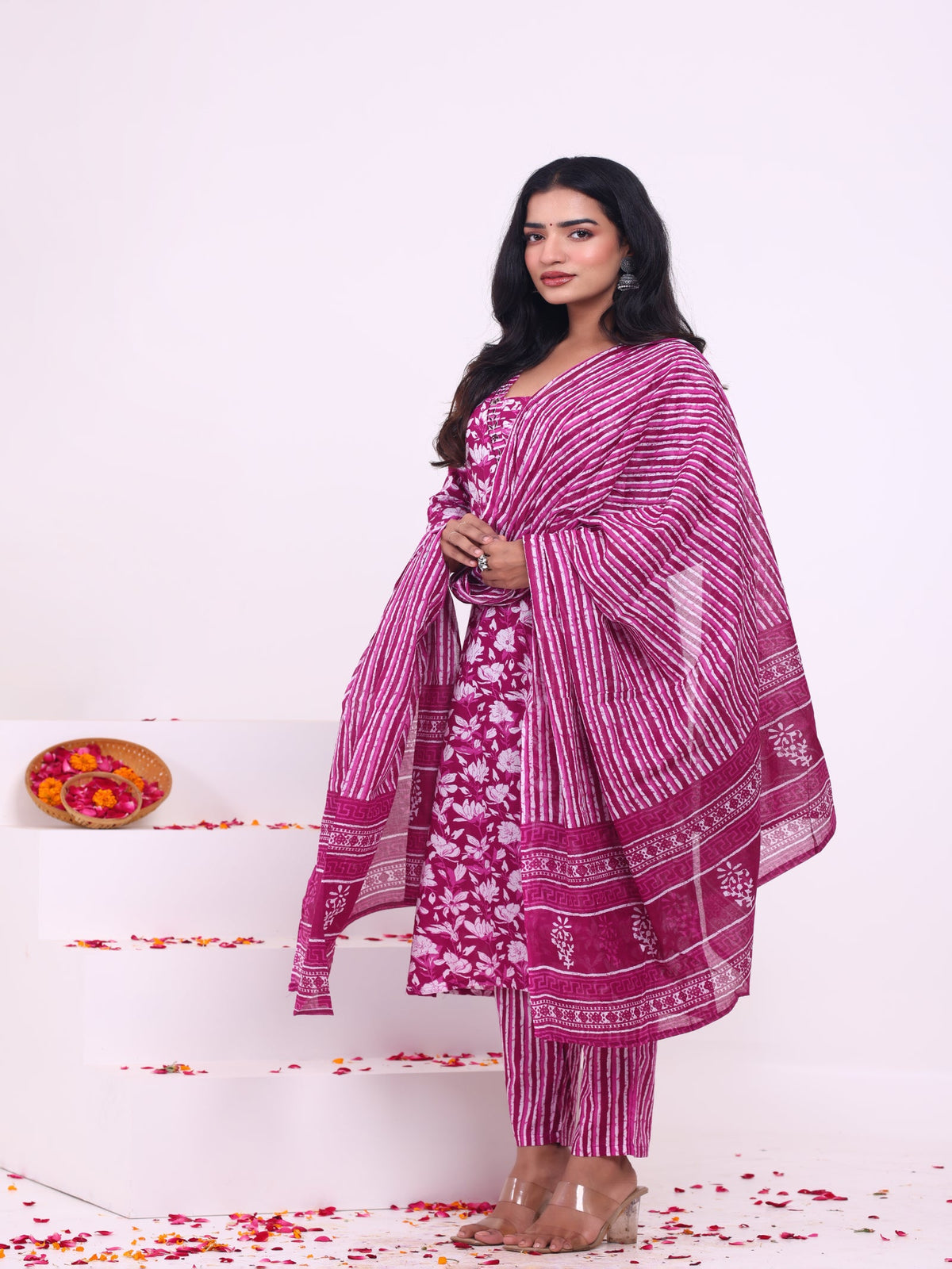 Rangvastra Blue & Pink Floral Rayon Kurta Set with Dupatta