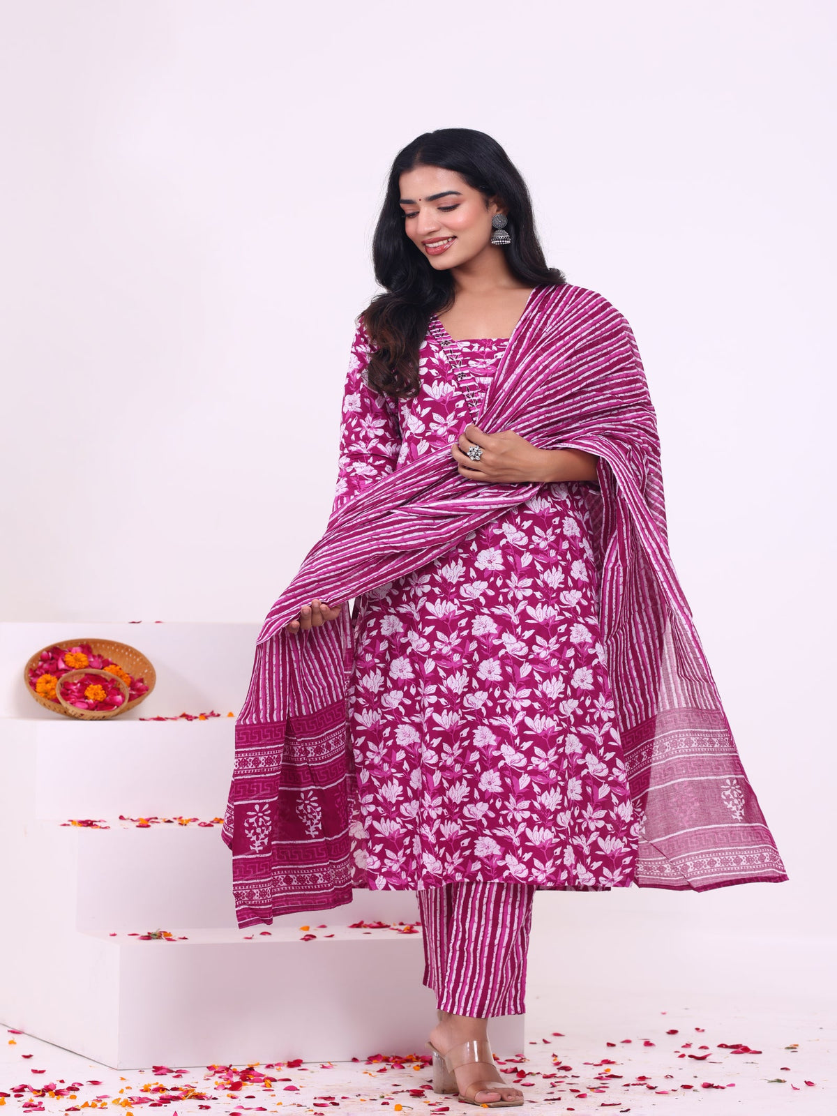 Rangvastra Blue & Pink Floral Rayon Kurta Set with Dupatta